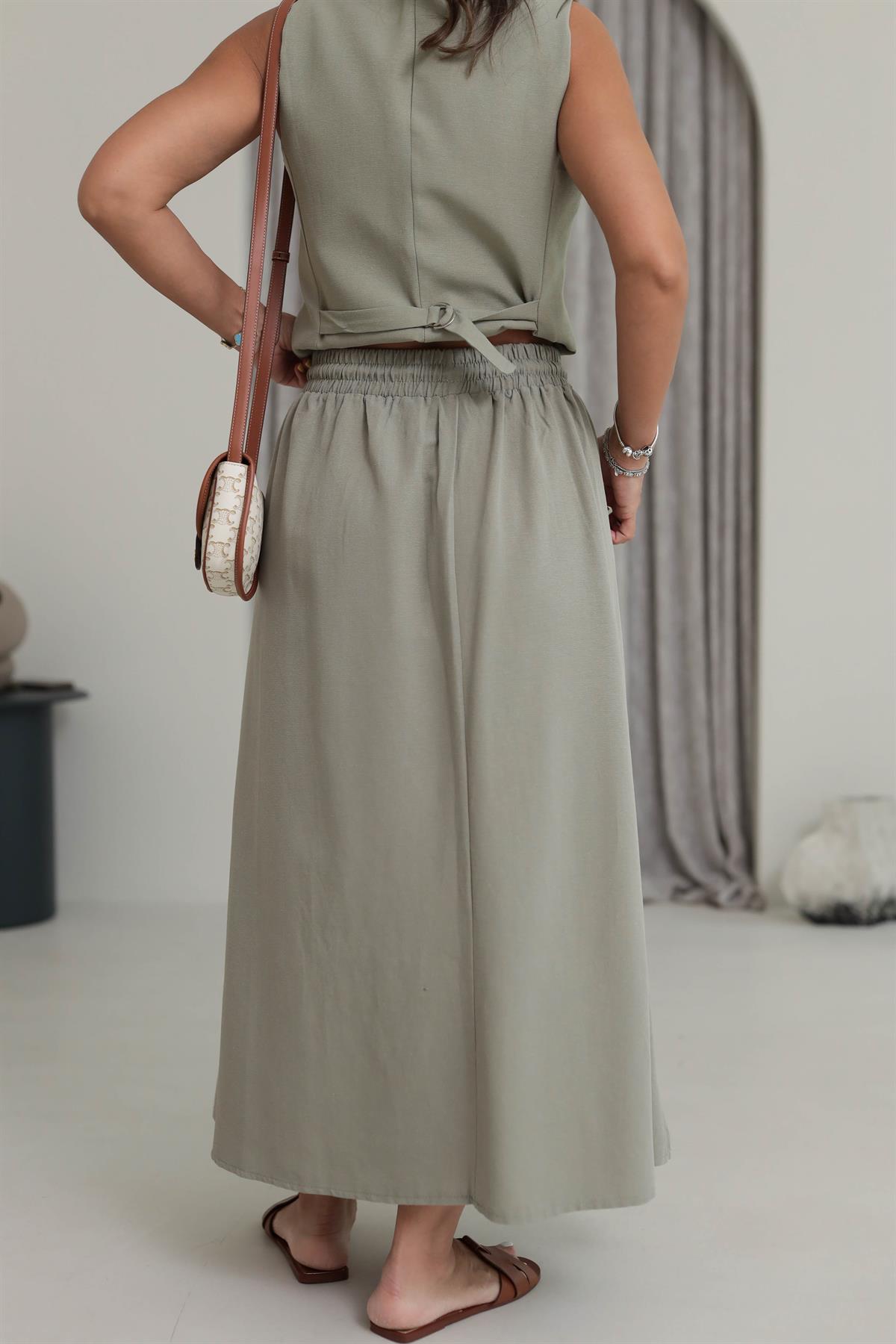 7730 Cepli Beli Lastikli Midi Etek HAKİ YEŞİL