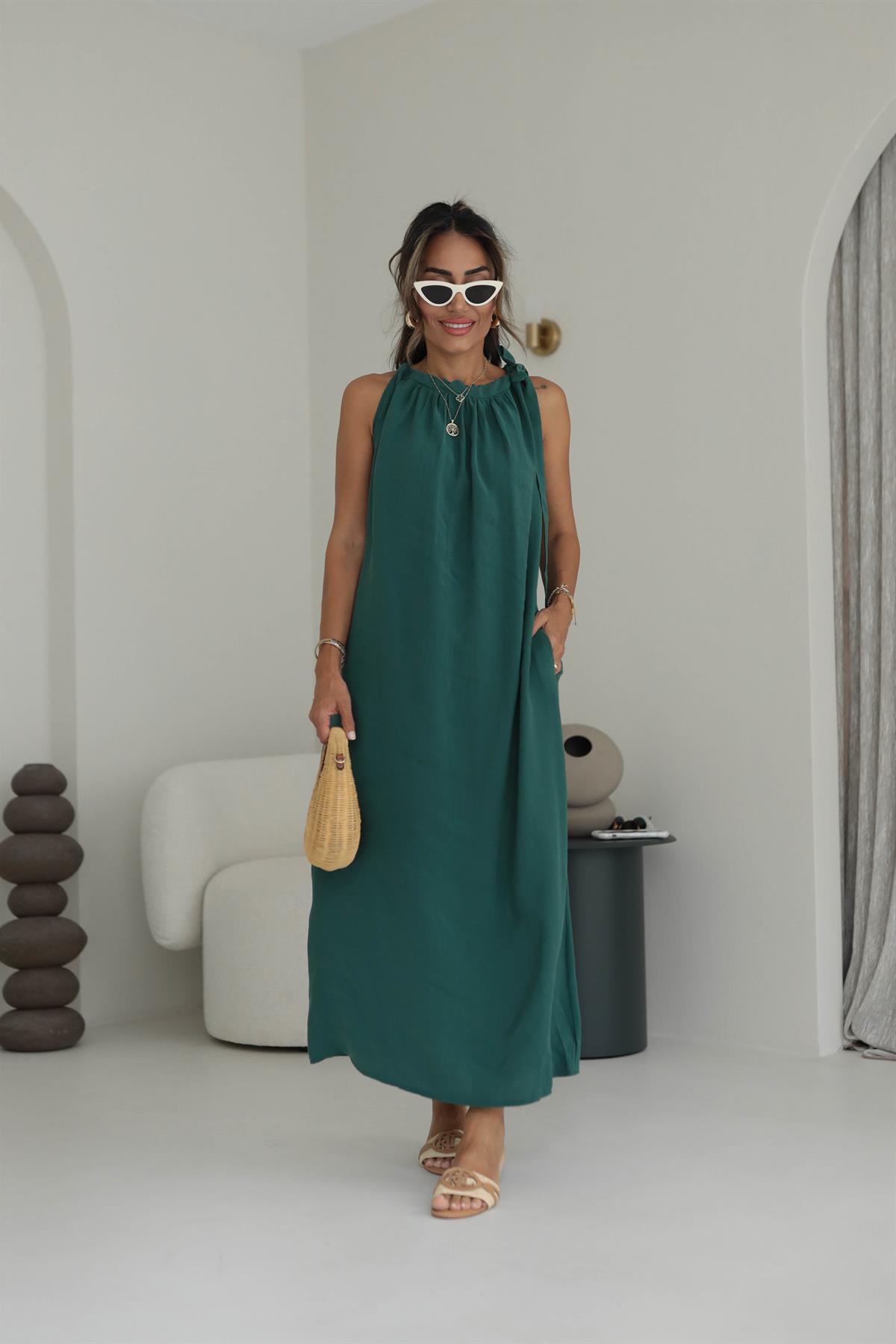 3213 Tek Omuz Bağlama Detaylı Halter Yaka Cepli Rahat Elbise