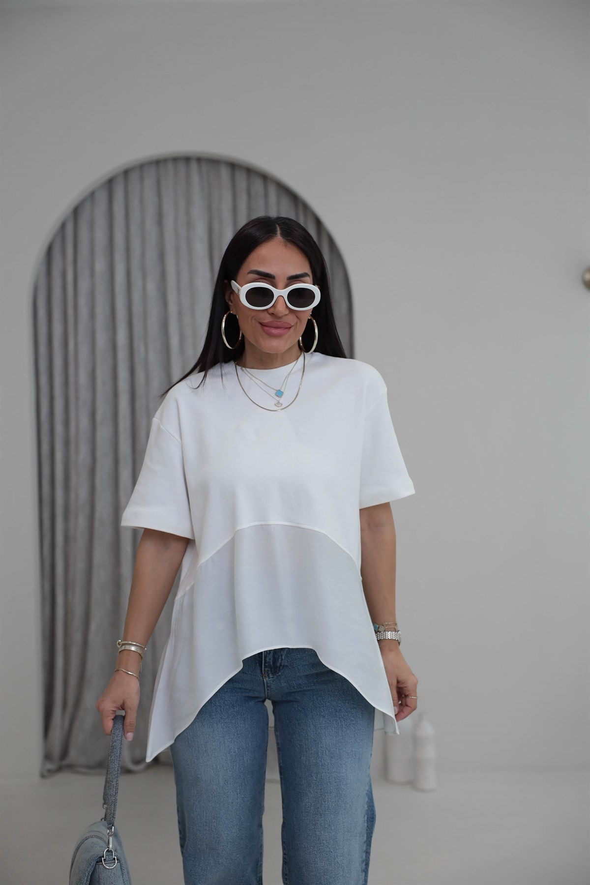 8204 Bisiklet Yaka Tencel Garnili Dökümlü Tshirt EKRU