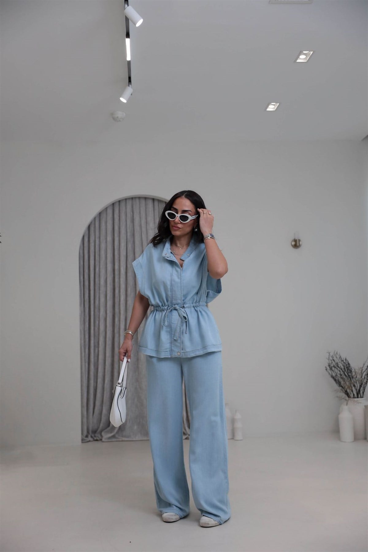 7368 Kendinden Kemerli Çıtçıt Detaylı Kolsuz Tencel Takım AÇIK MAVİ