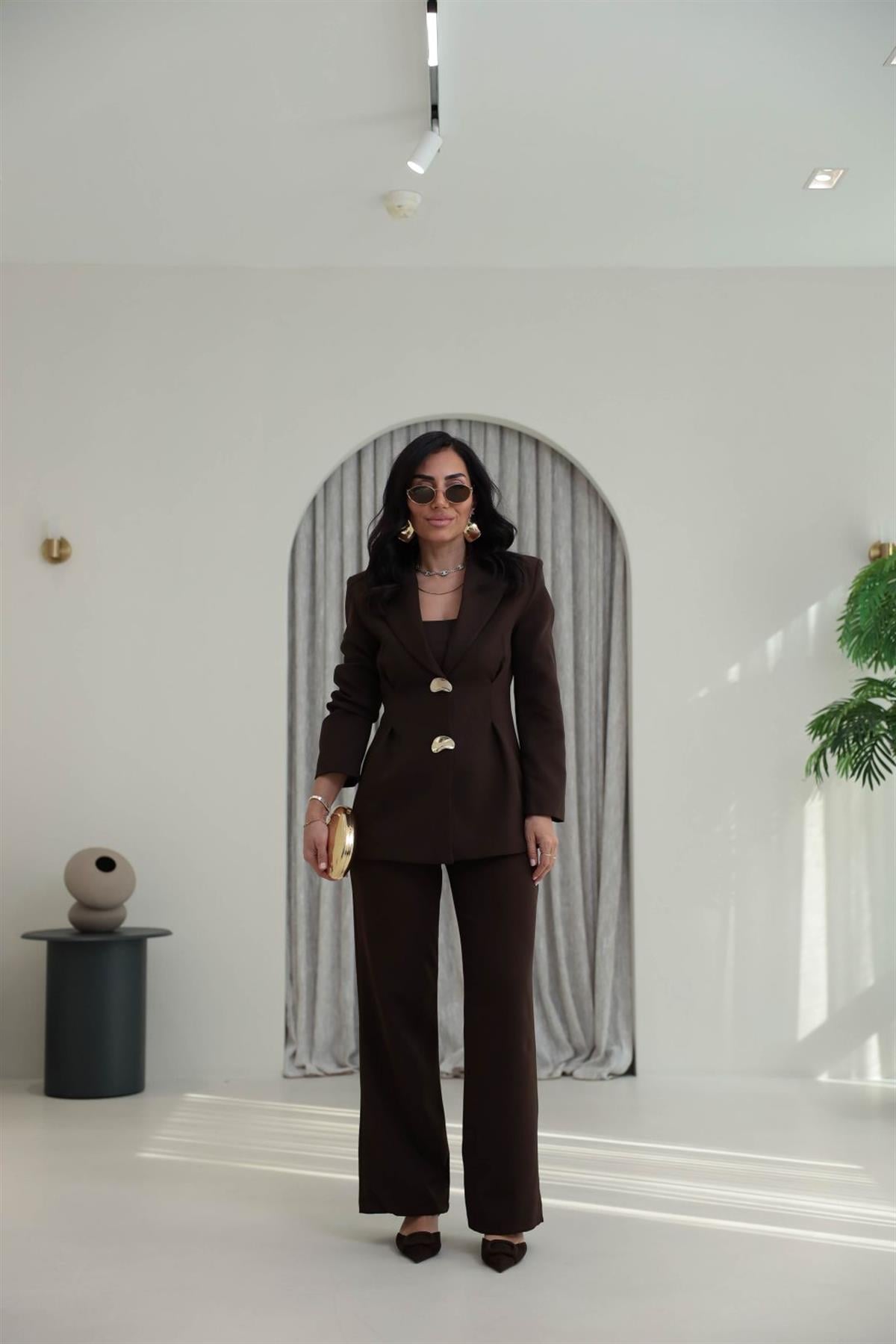 9201 Gold Düğmeli Ceket ve Pantolonlu Takım KAHVE