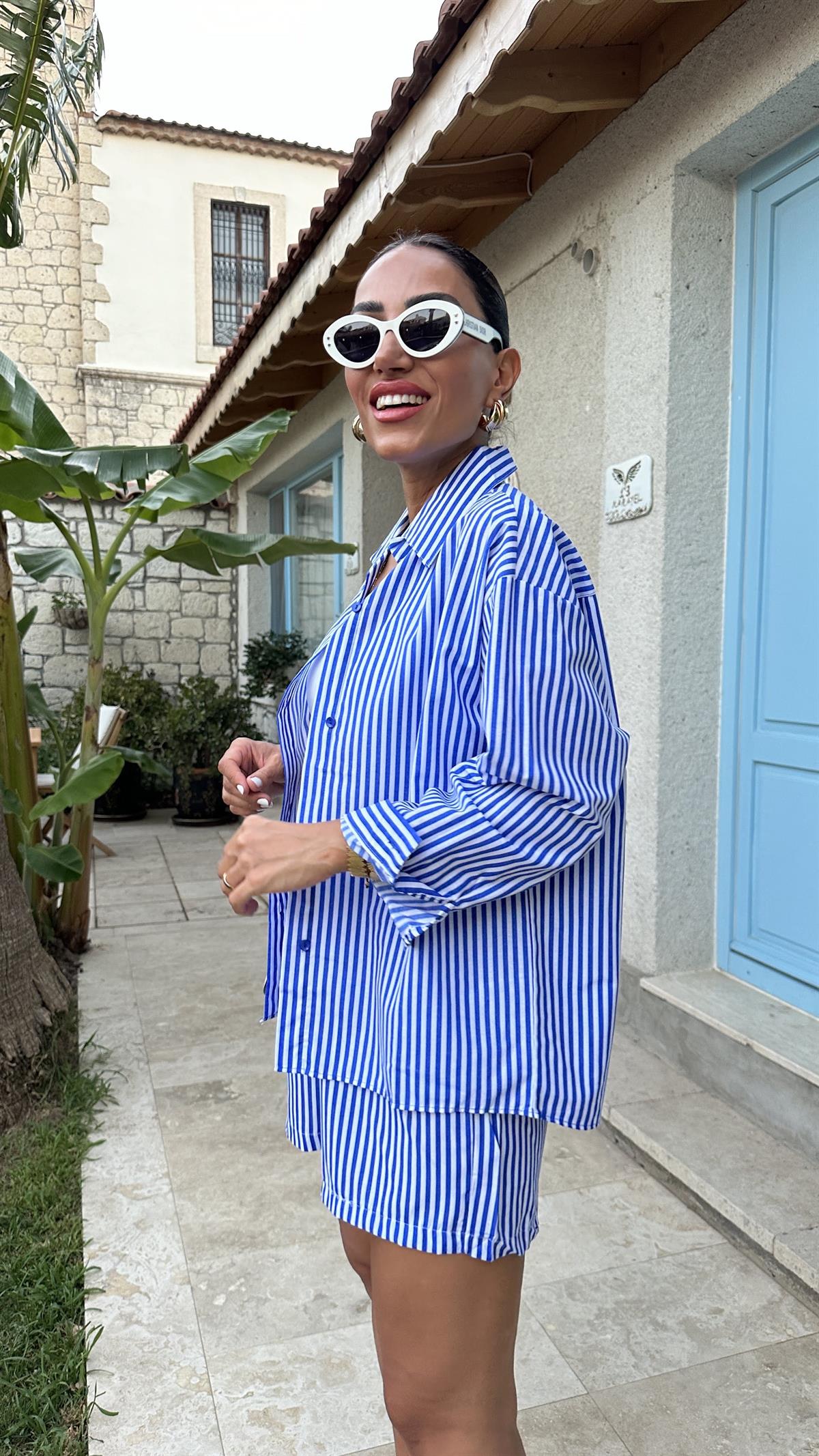 8860 Poplin Çizgili Gömlekli Şortlu Takım