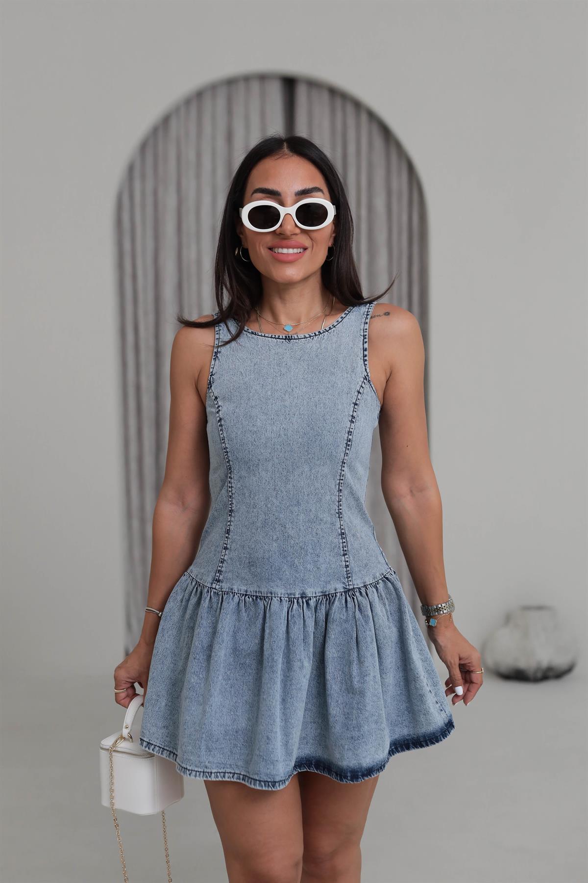 7328 Sıfır Kol  Fermuar Detaylı Jean Elbise BUZ MAVİ