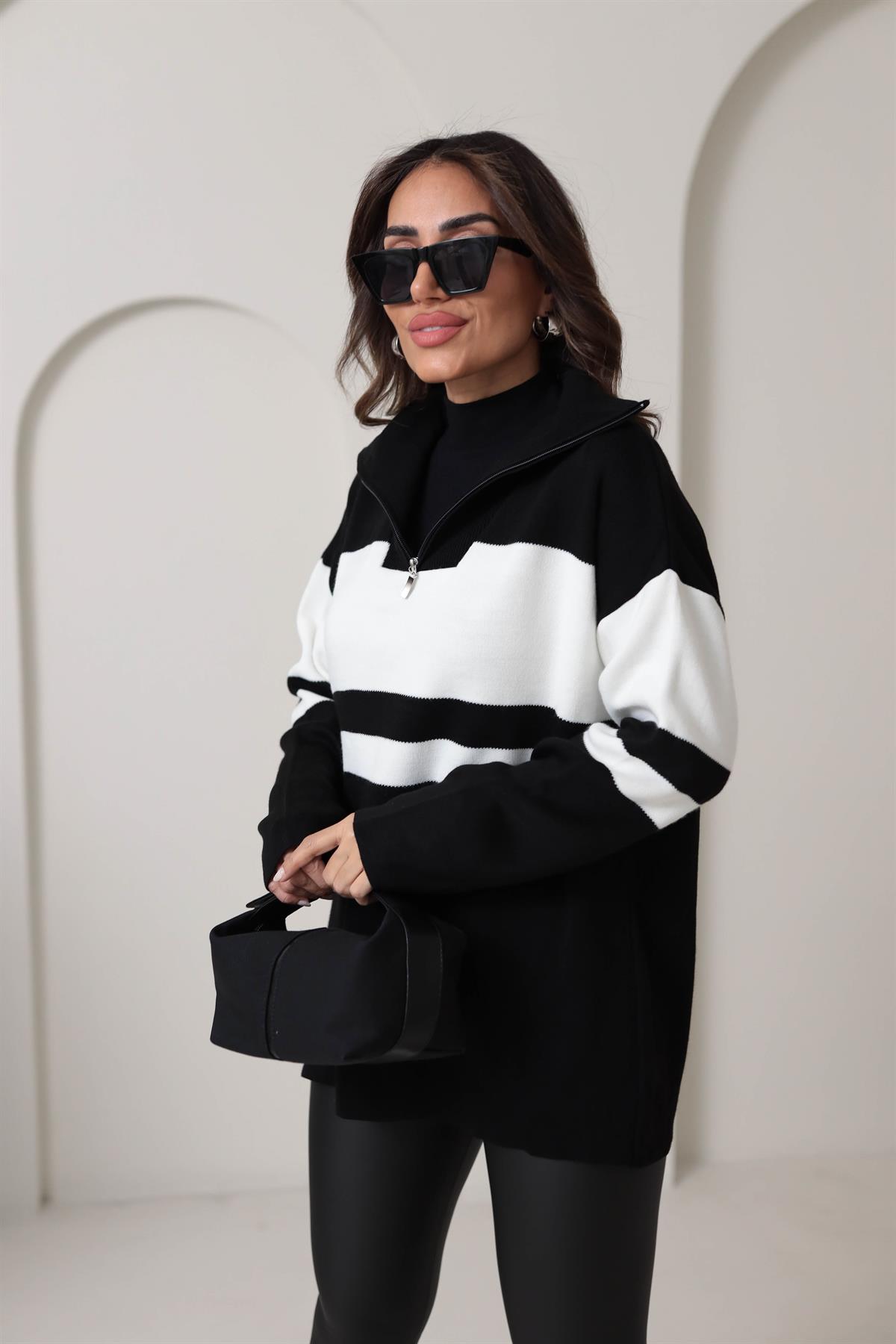 0011 Büyük Çizgili Fermuarlı Tunik Kazak SİYAH-EKRU