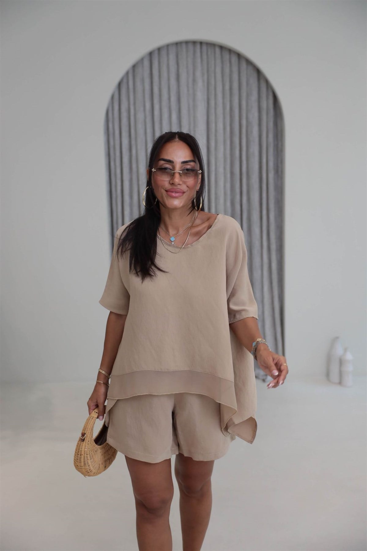 0548 Şortlu Tencel Kumaş Takım KOYU BEJ