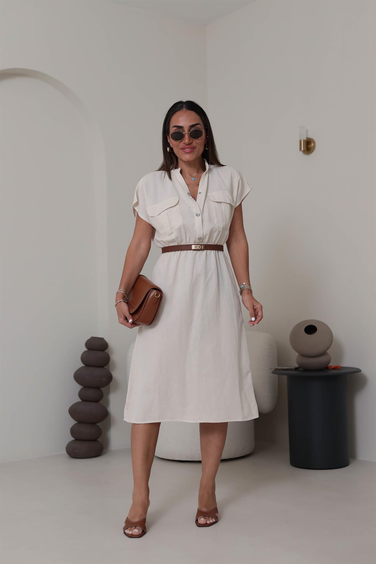 5921 Yan Çıtçıt Detay Elbise NATURAL