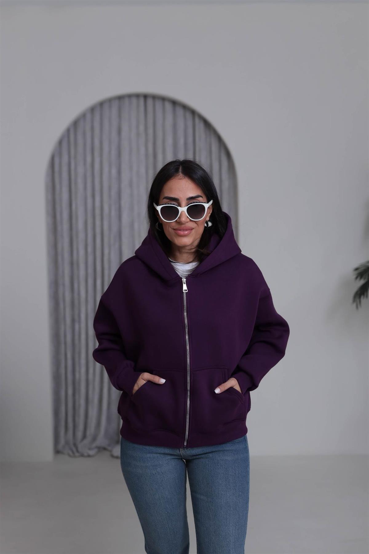 0822 Kapüşonlu Fermuarlı Şardonlu Sweatshirt MOR