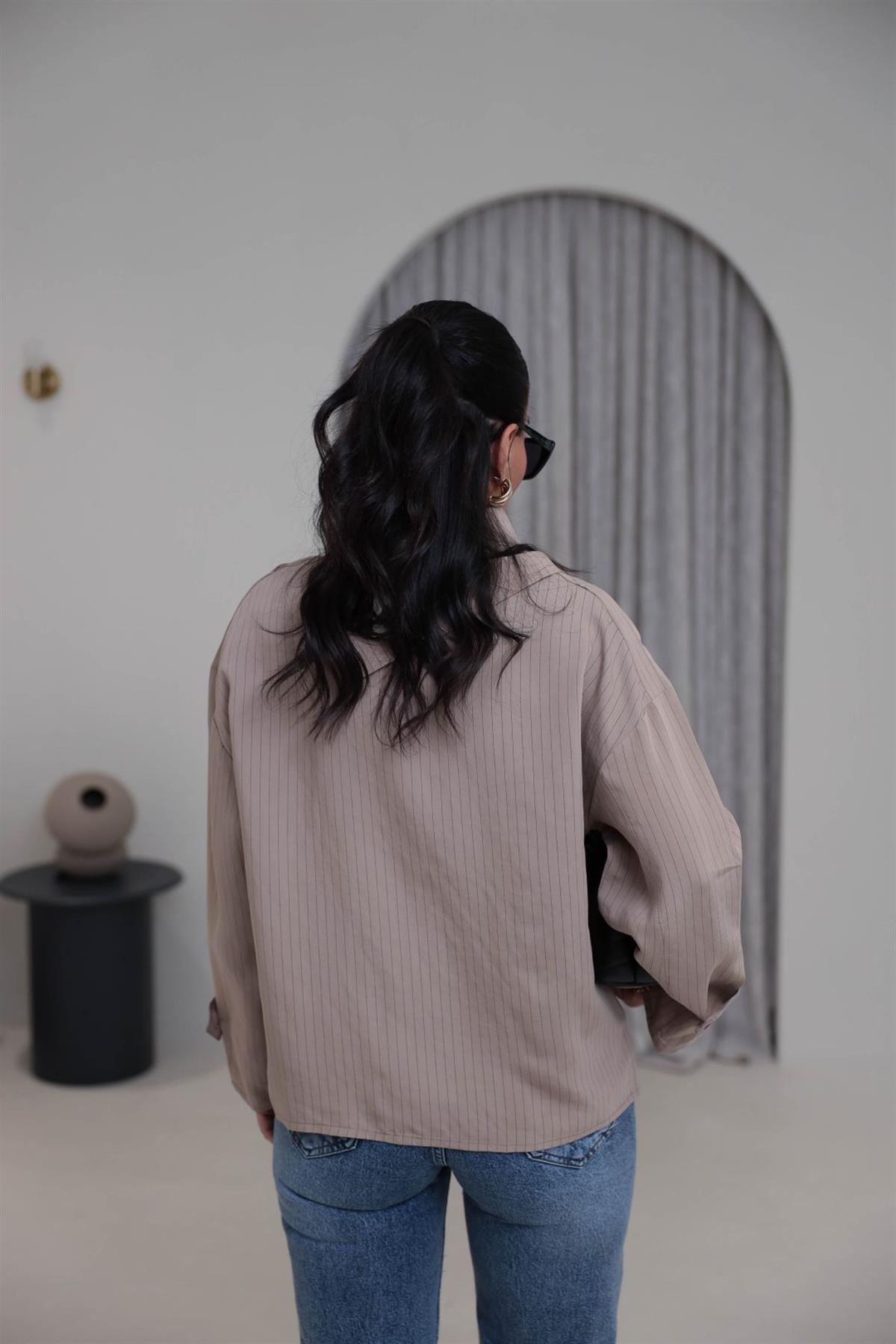 4067 Düğmeli Yaka Detay Çizgili Modal Gömlek AÇIK VİZON