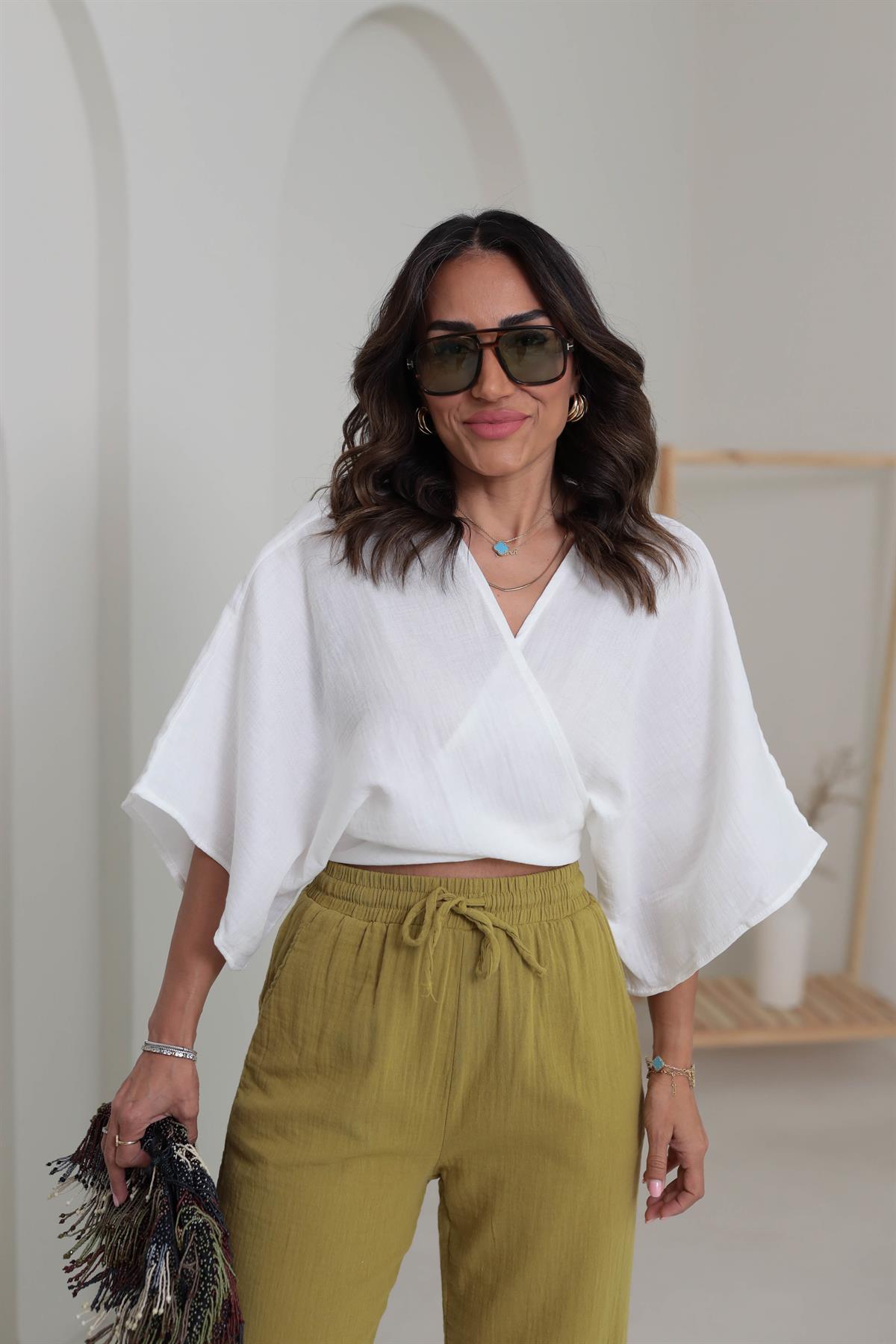 4729 Müslin Kumaş Bağlama Detay Bluz EKRU