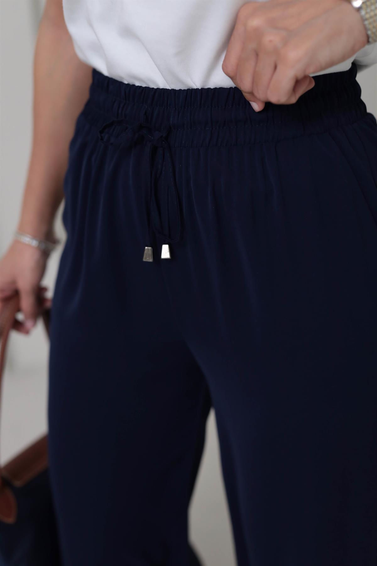 0858 Bel Lastikli Döküm Palazzo Pantolon LACİVERT