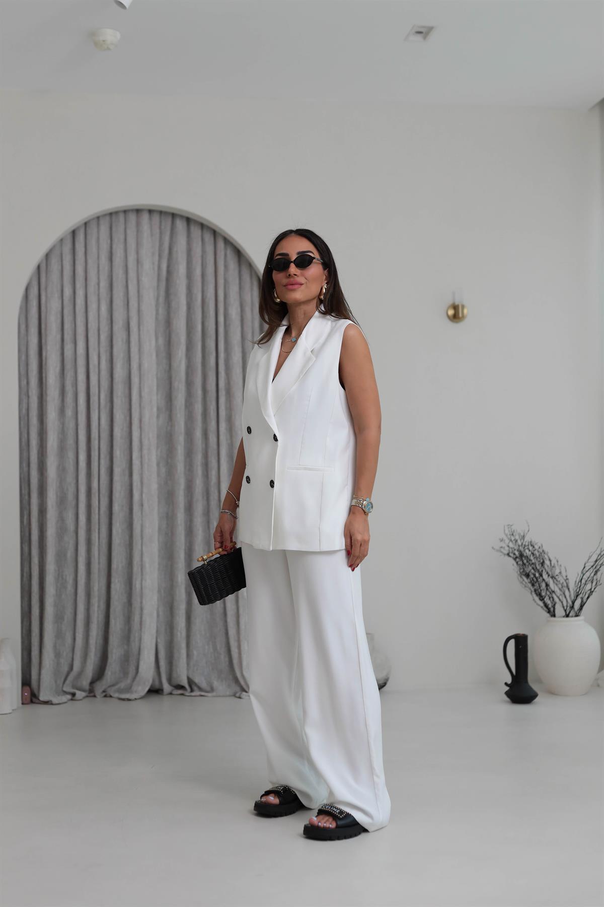 0382 Kruvaze Yaka Yelek Pantolon Tencel Takım BEYAZ