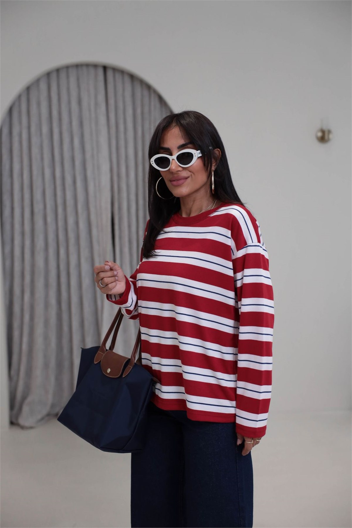 6357 Çizgi Detaylı Yumuşak Kumaş Sweatshirt KIRMIZI