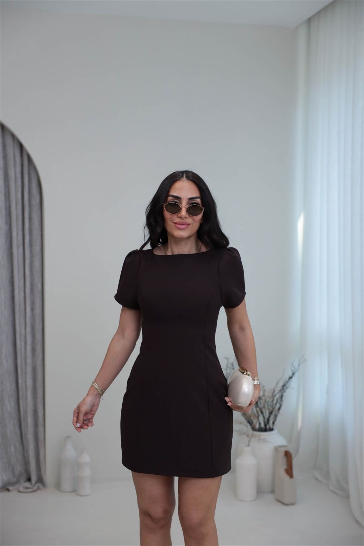 3904 Prenses Kol Belden Oturtmalı Elibise ACI KAHVE