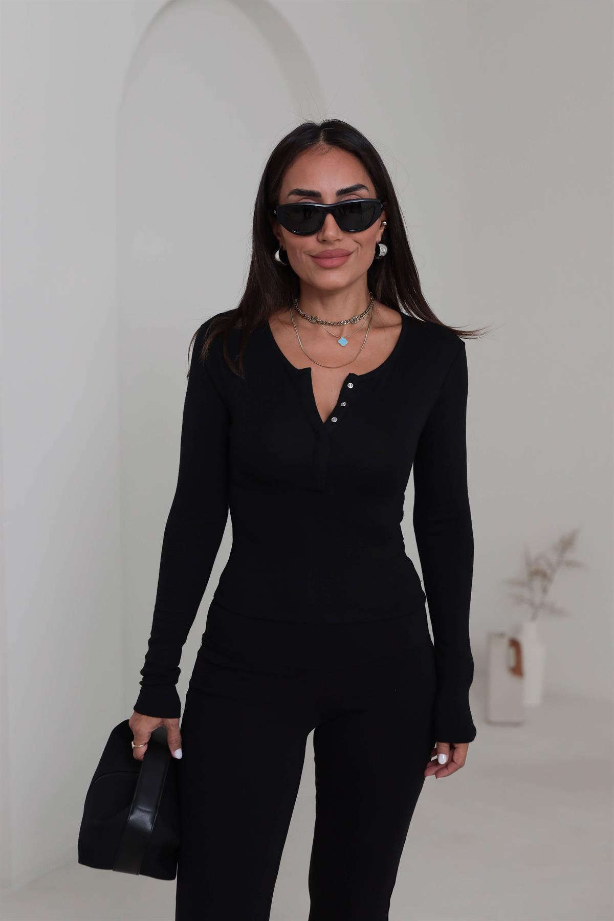 1442 Uzun Kollu Çıtçıt Düğmeli Bluz SİYAH