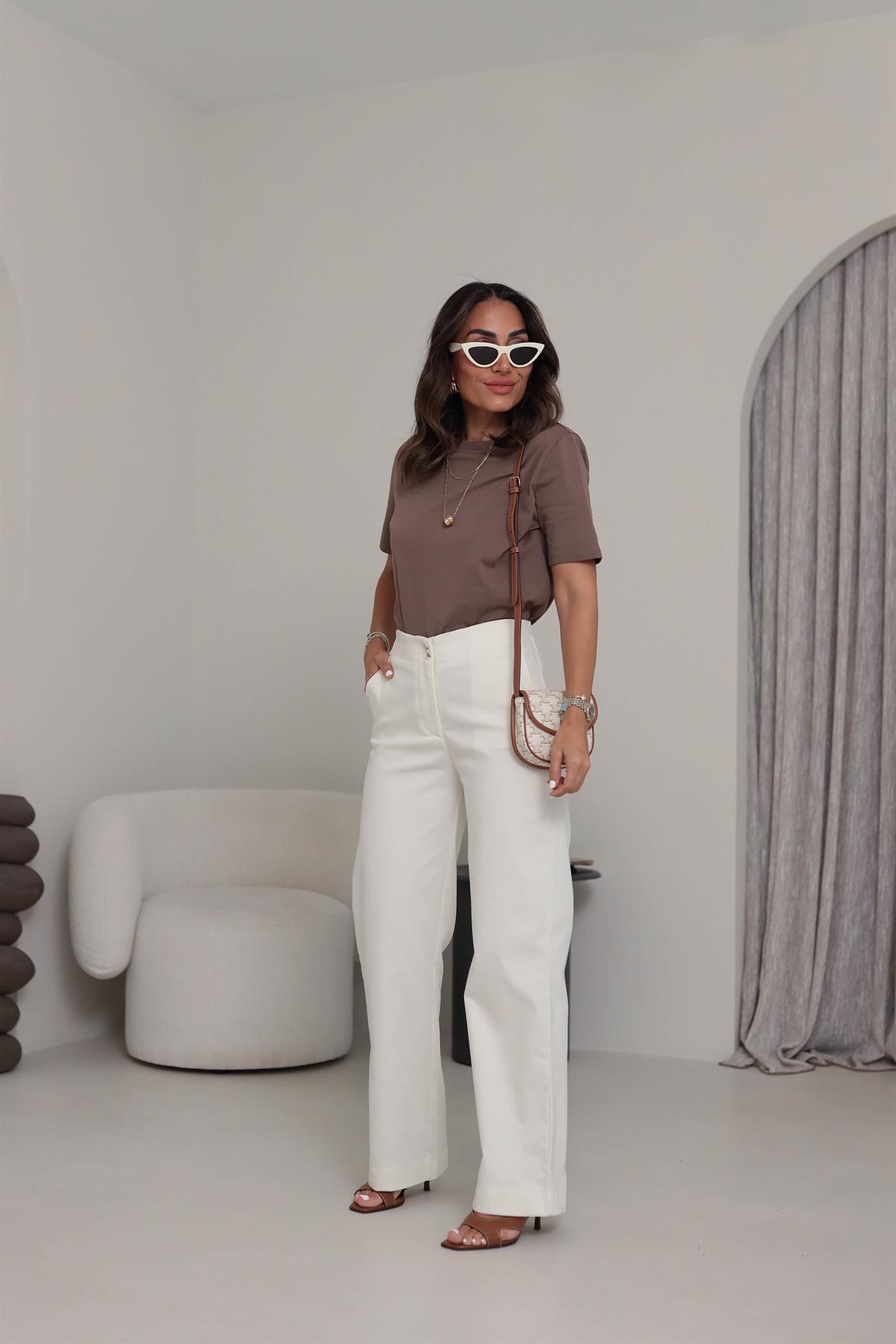 9953 Yüksek Bel Likralı Kumaş Pantolon KREM