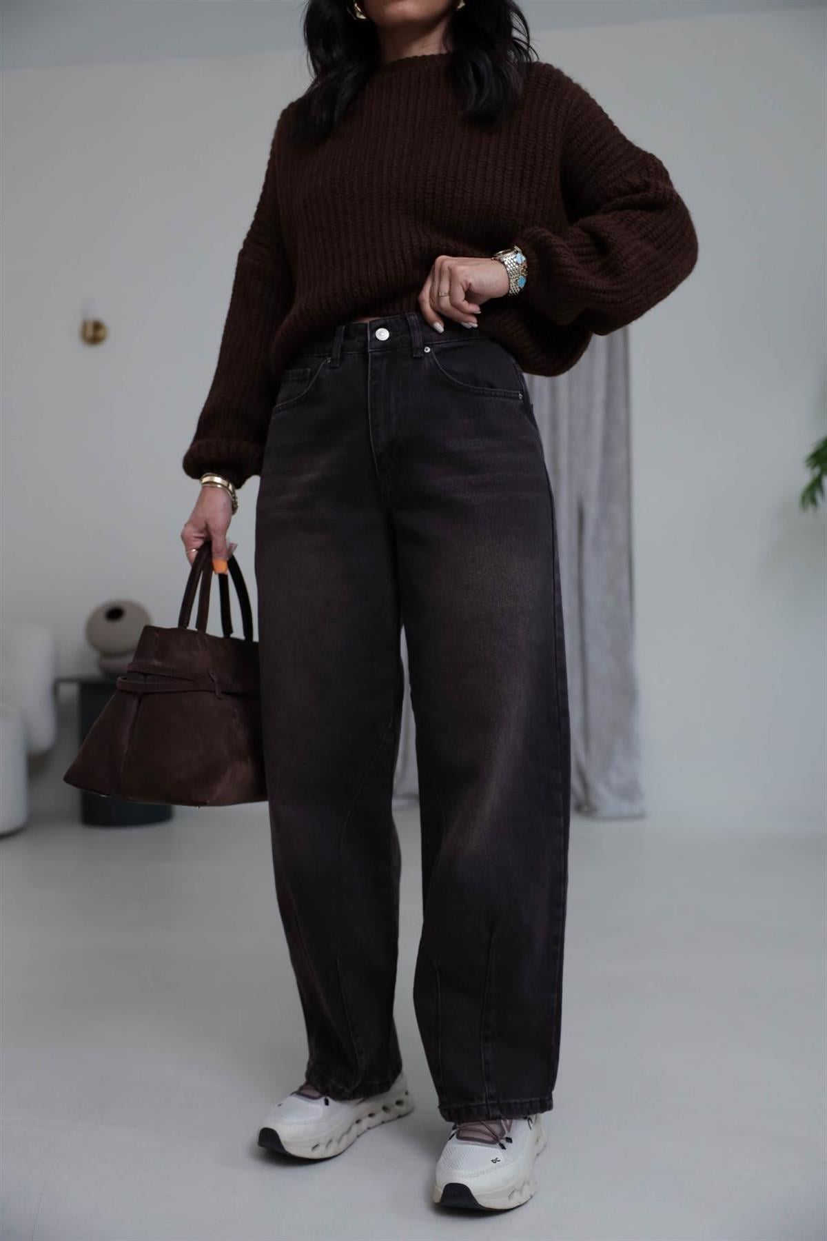 703 Paça Çift Pensli Boyfriend Jean YIKAMALI KAHVE