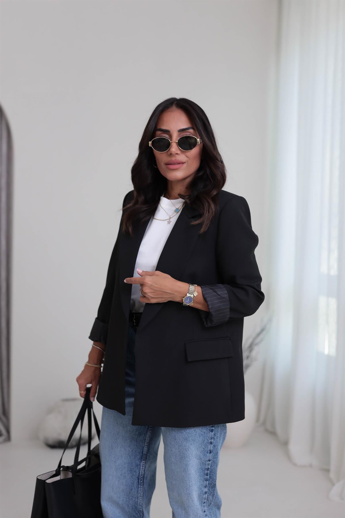 7560 Kol Katlamalı Cep Detaylı Astarlı Ceket SİYAH