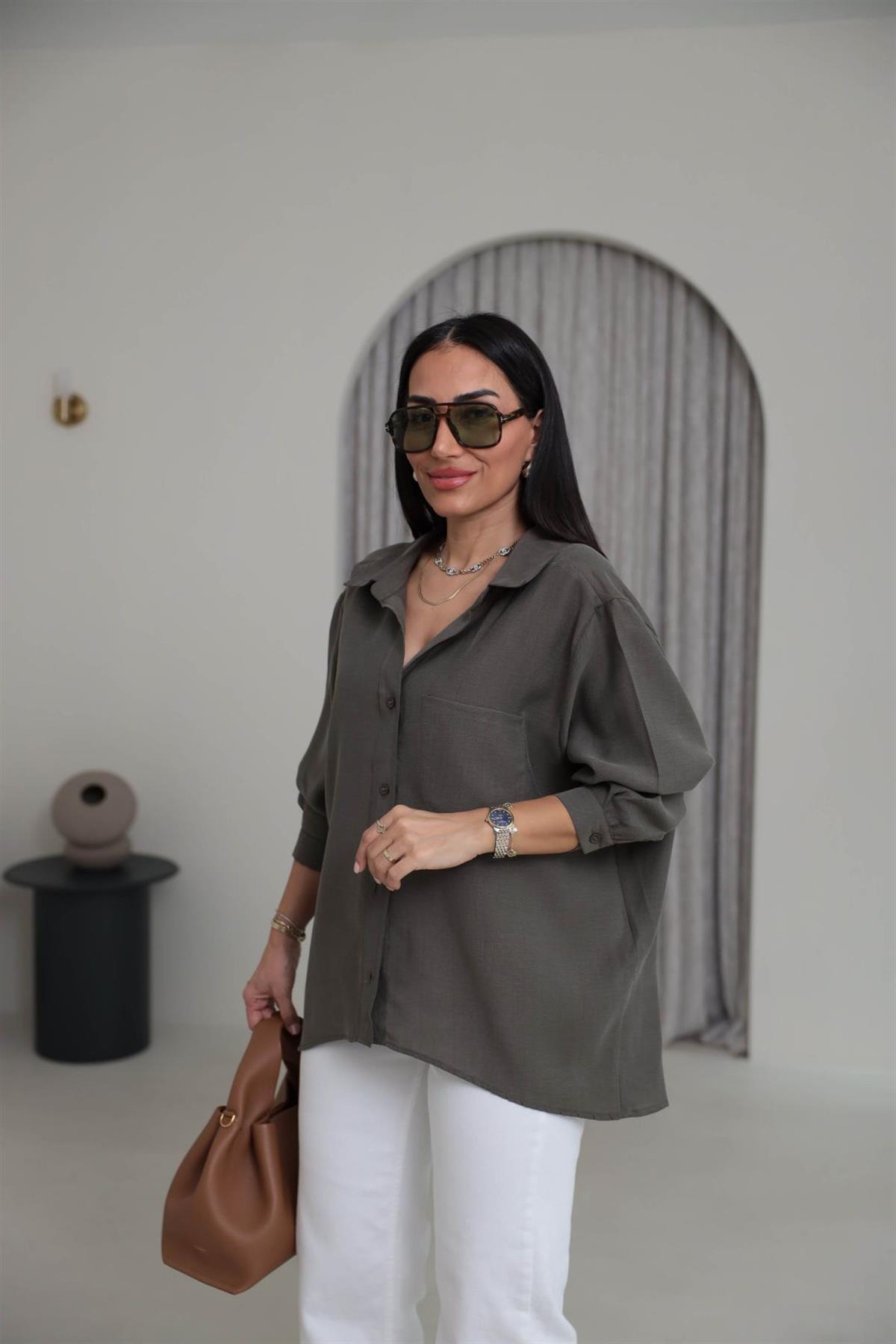 8454 Düşük Omuz Salaş Gömlek HAKİ YEŞİL