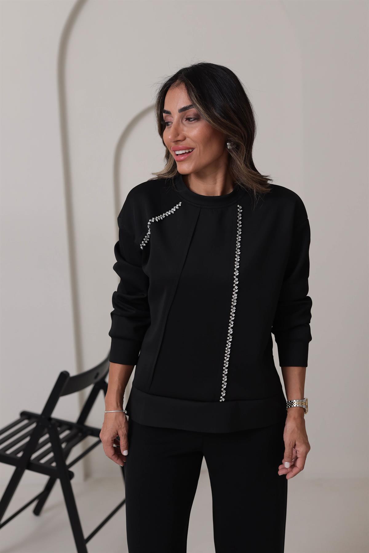 5368 Taş İşlemeli Scuba Kumaş Sweatshirt