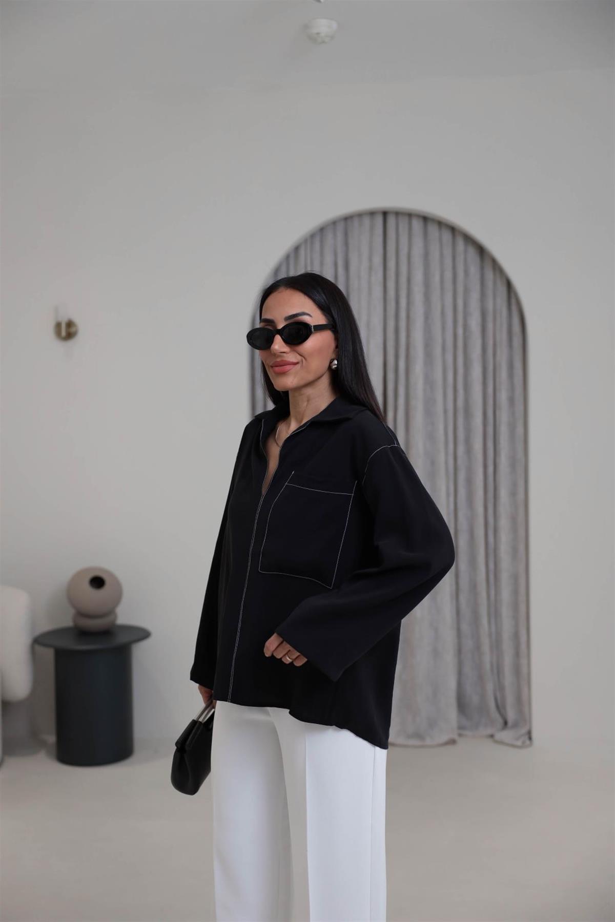 0723 Zincir Dikişli Cep Detay Tencel Gömlek SİYAH