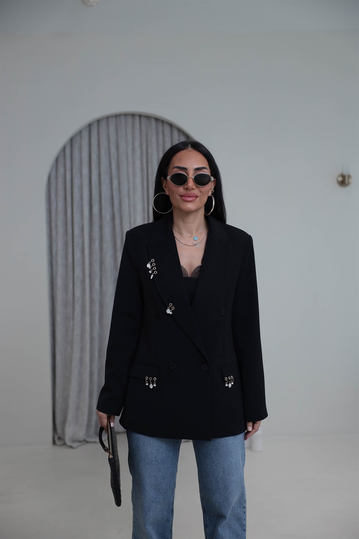 0756 Kuş Gözü Aksesuarlı Düğmeli Blazer Ceket SİYAH