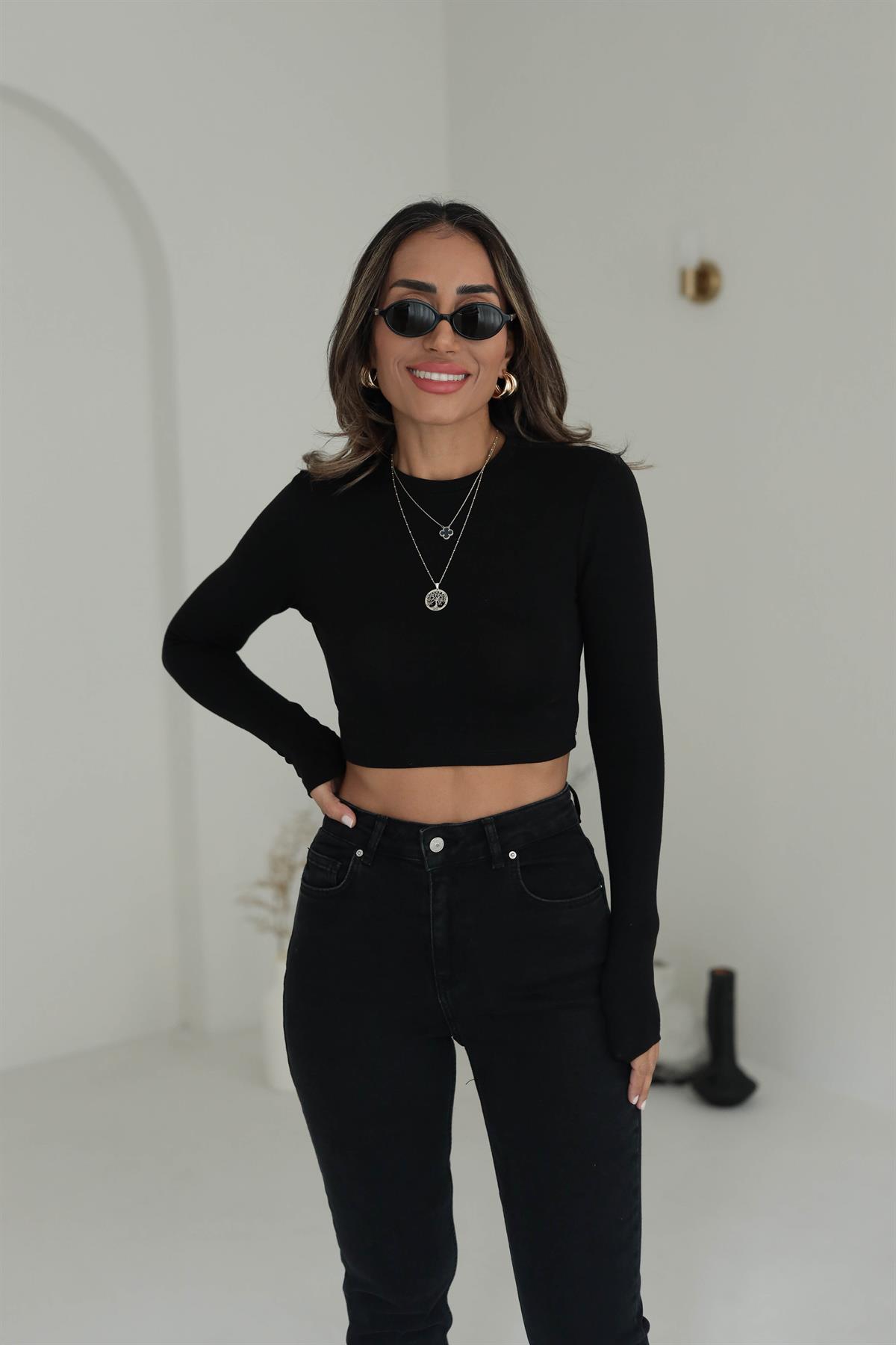 1236 Yumuşak Doku Uzun Kollu Bluz SİYAH