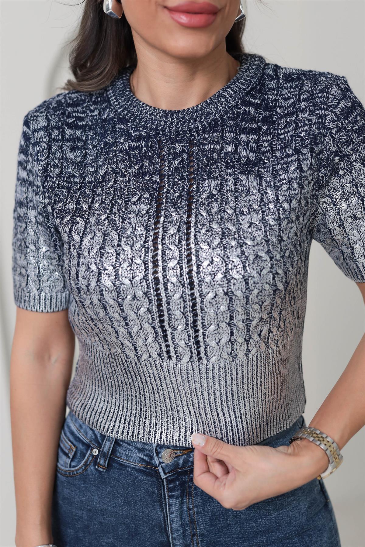 4225 Gümüş Baskılı Kısa Kol Kazak LACİVERT