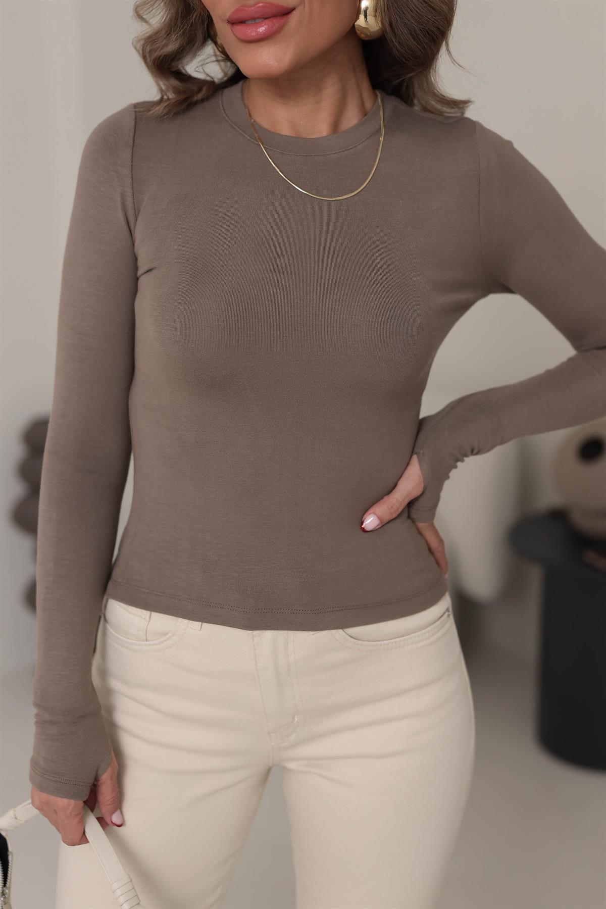 5068 Yumuşak Doku Parmak Geçmeli Bluz VİZON