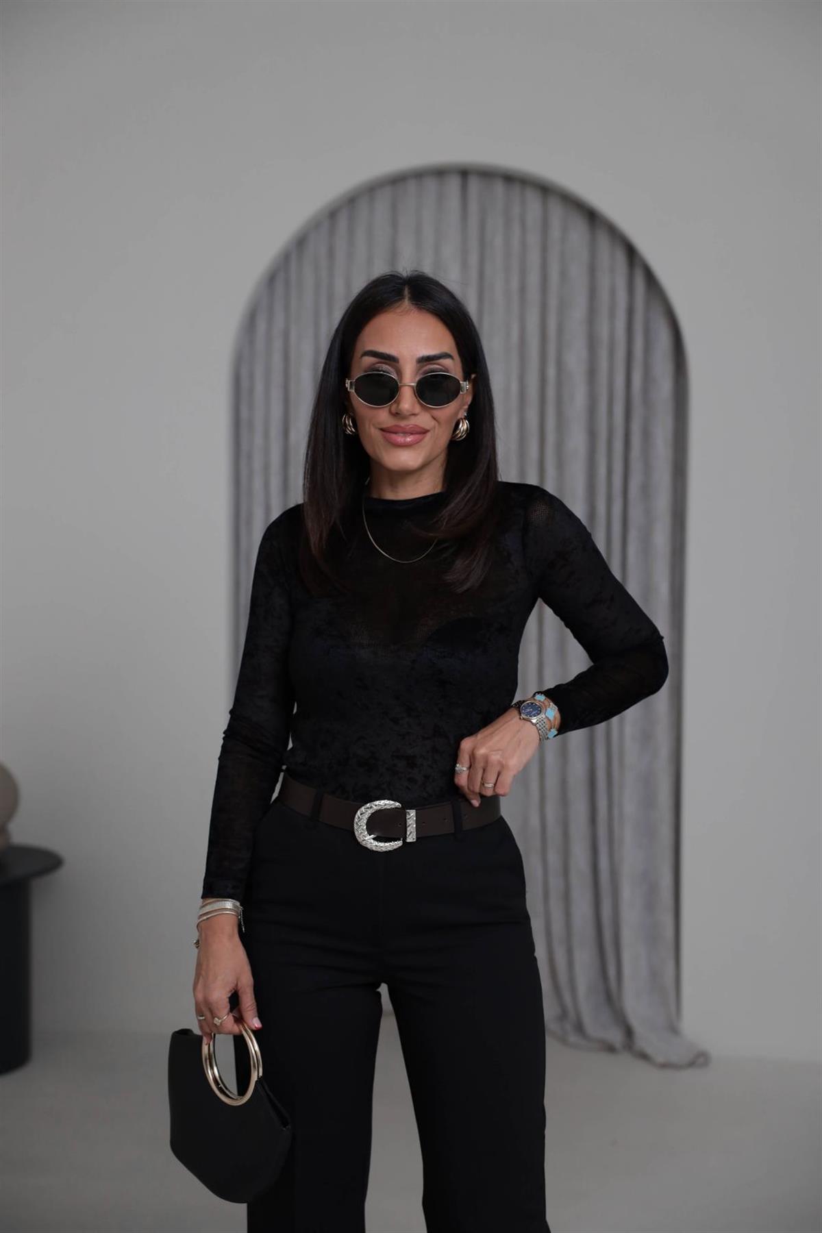 7120 Bisiklet Yaka Tül Kadife Bluz SİYAH