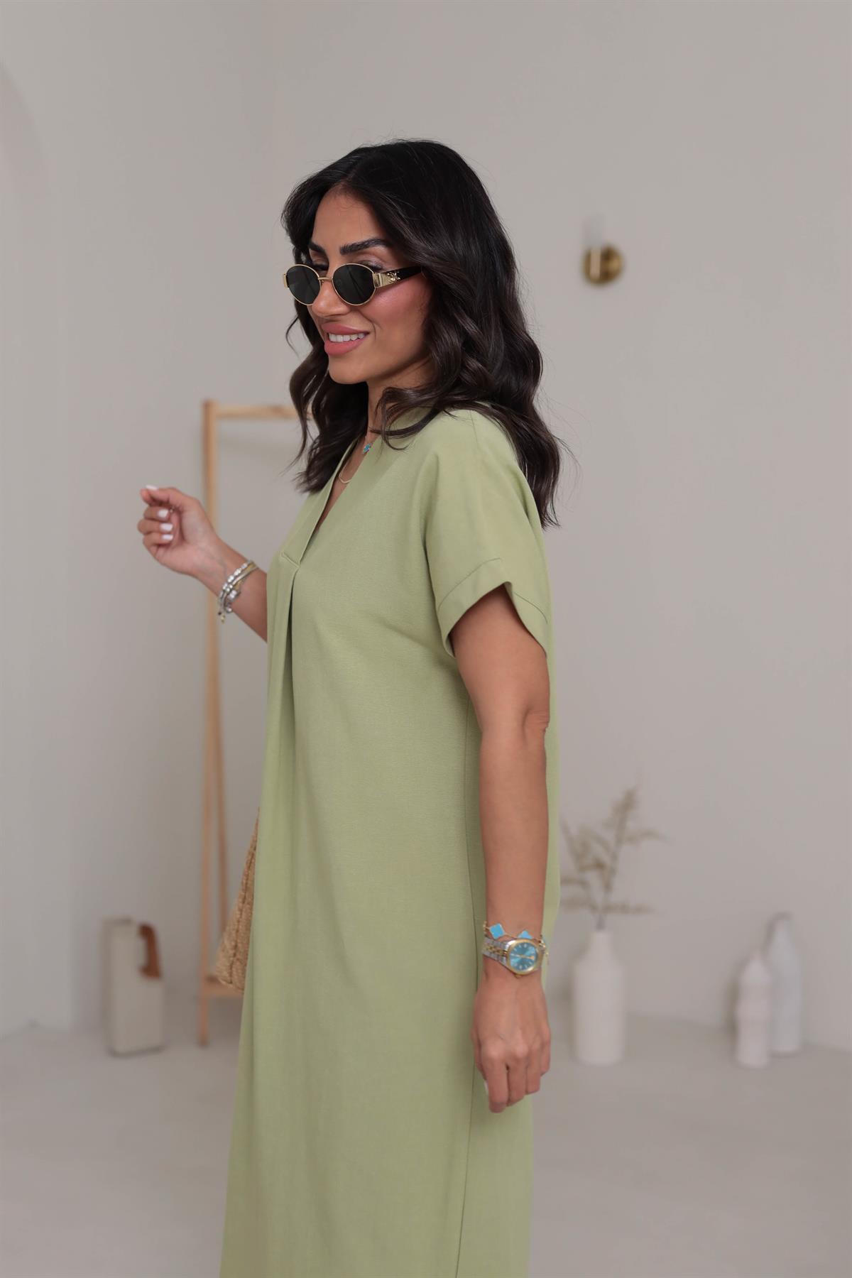 5998 V Yaka Rahat Terni Elbise ÇAĞLAYEŞİL