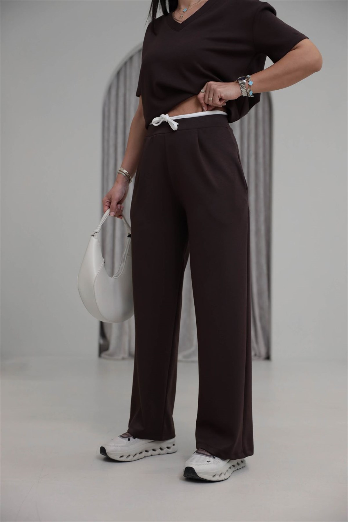 1538 Çift Renkli Bağcıklı Modal Pantolon KAHVE