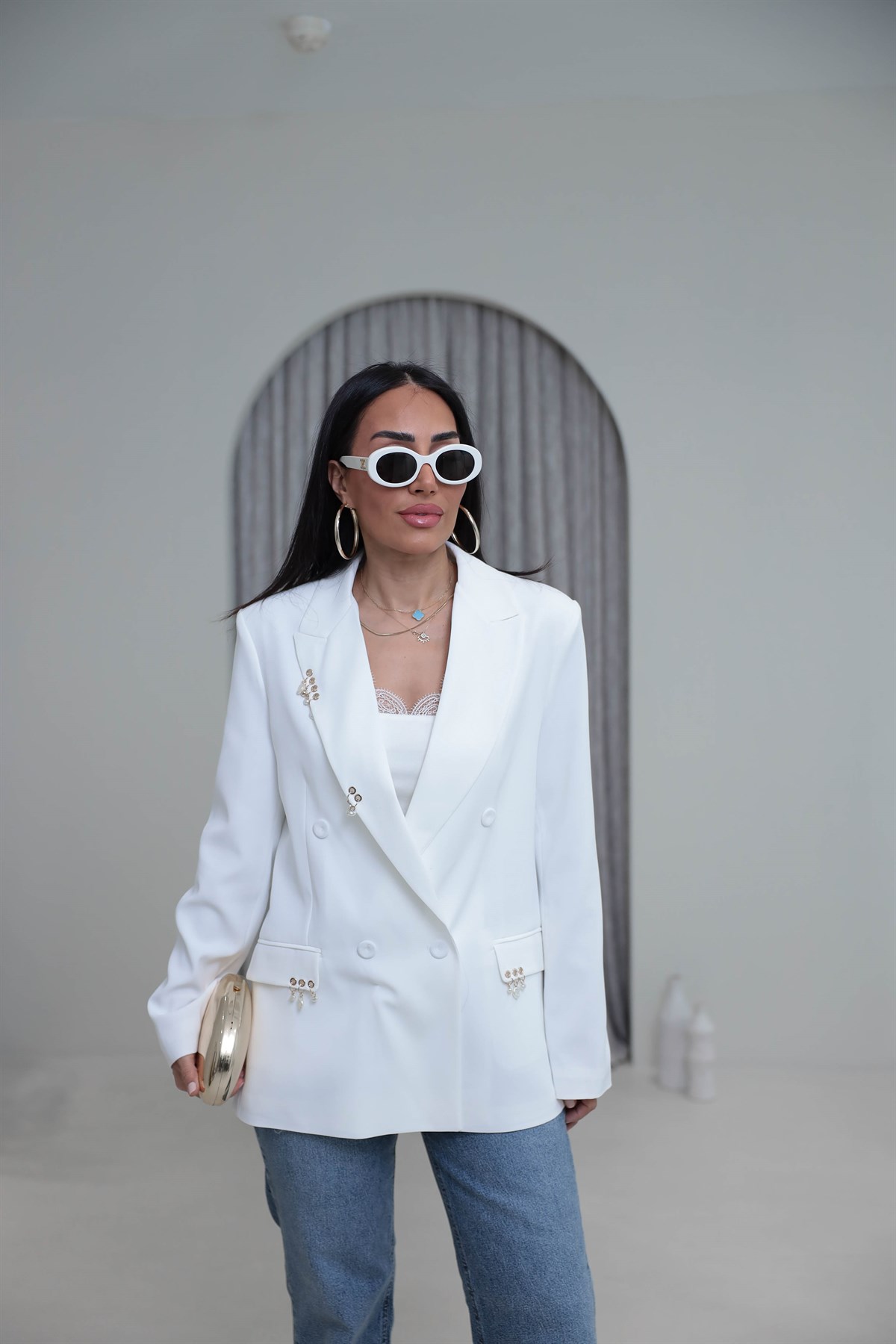 0756 Kuş Gözü Aksesuarlı Düğmeli Blazer Ceket EKRU