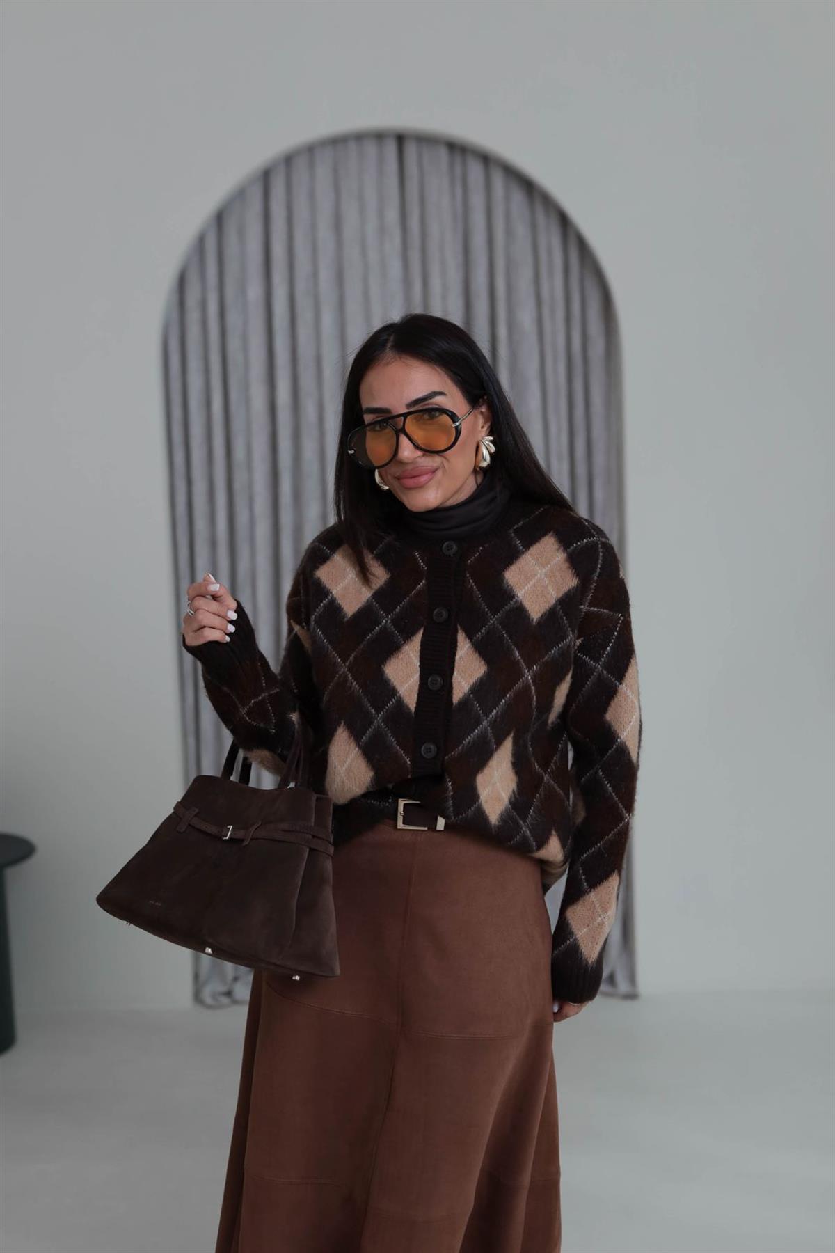 6902 Bisiklet Yaka Baklava Desen Hırka KAHVE