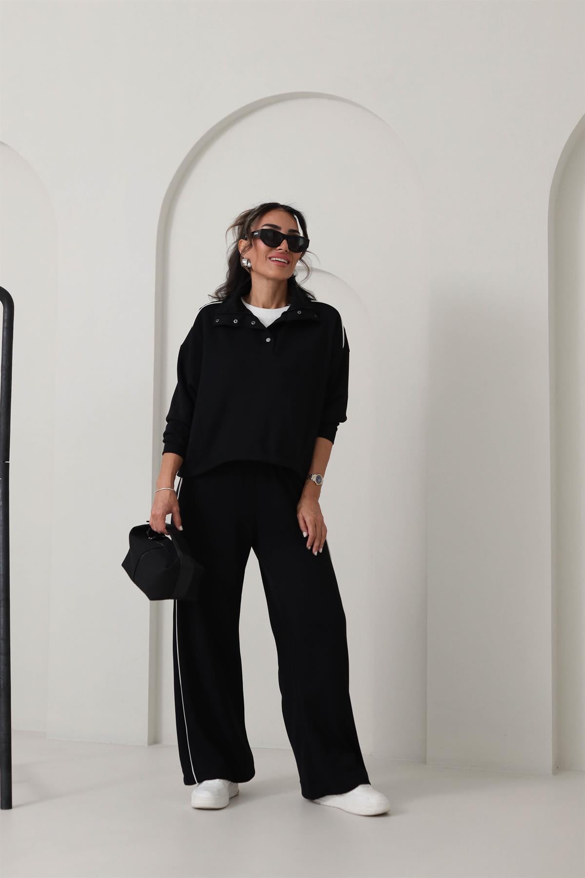 137 Dik Yaka Önü Çıtçıtlı Biyeli Modal Takım SİYAH