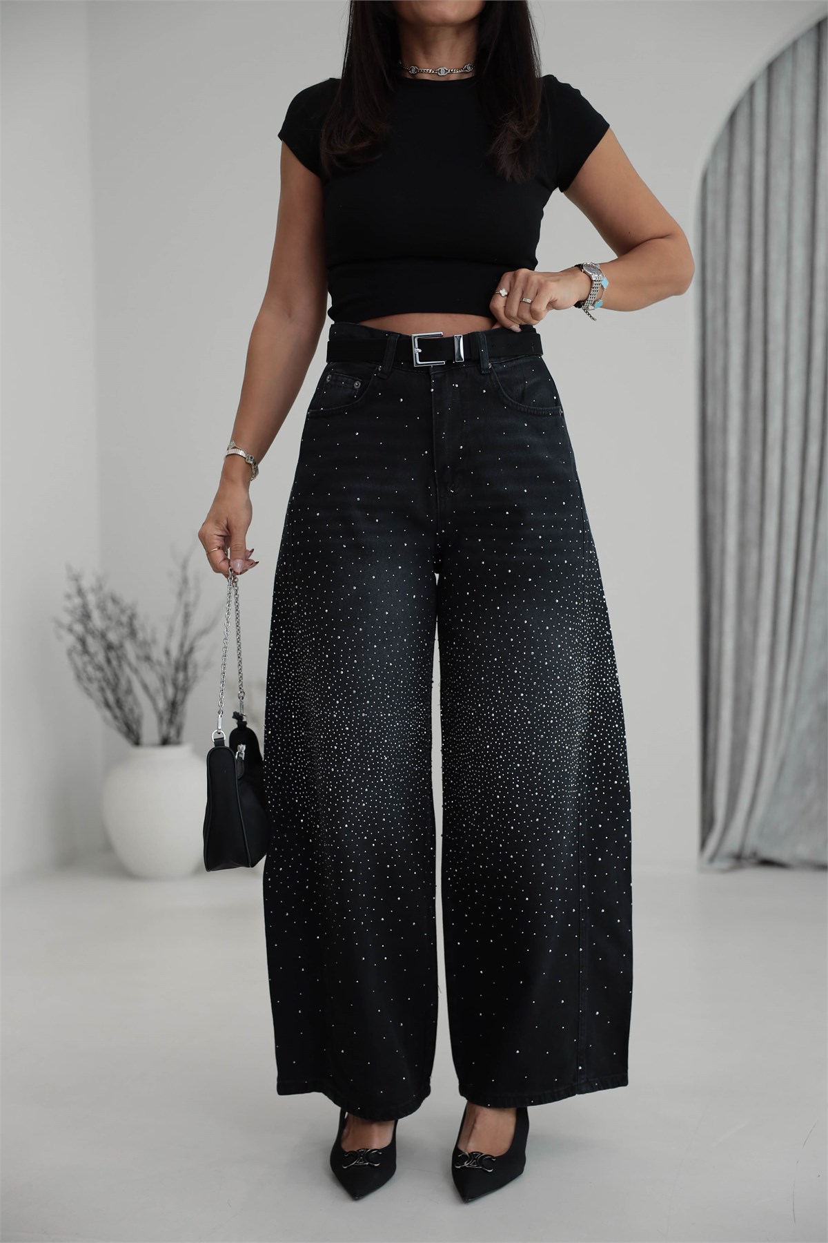 0108 Serpme Taşlı Geniş Paçalı Tencel Denim SİYAH