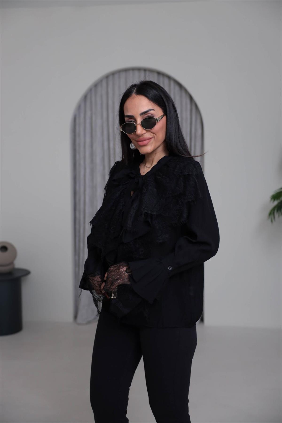 4512 Güpür Detaylı Önden Bağlamalı Gömlek SİYAH