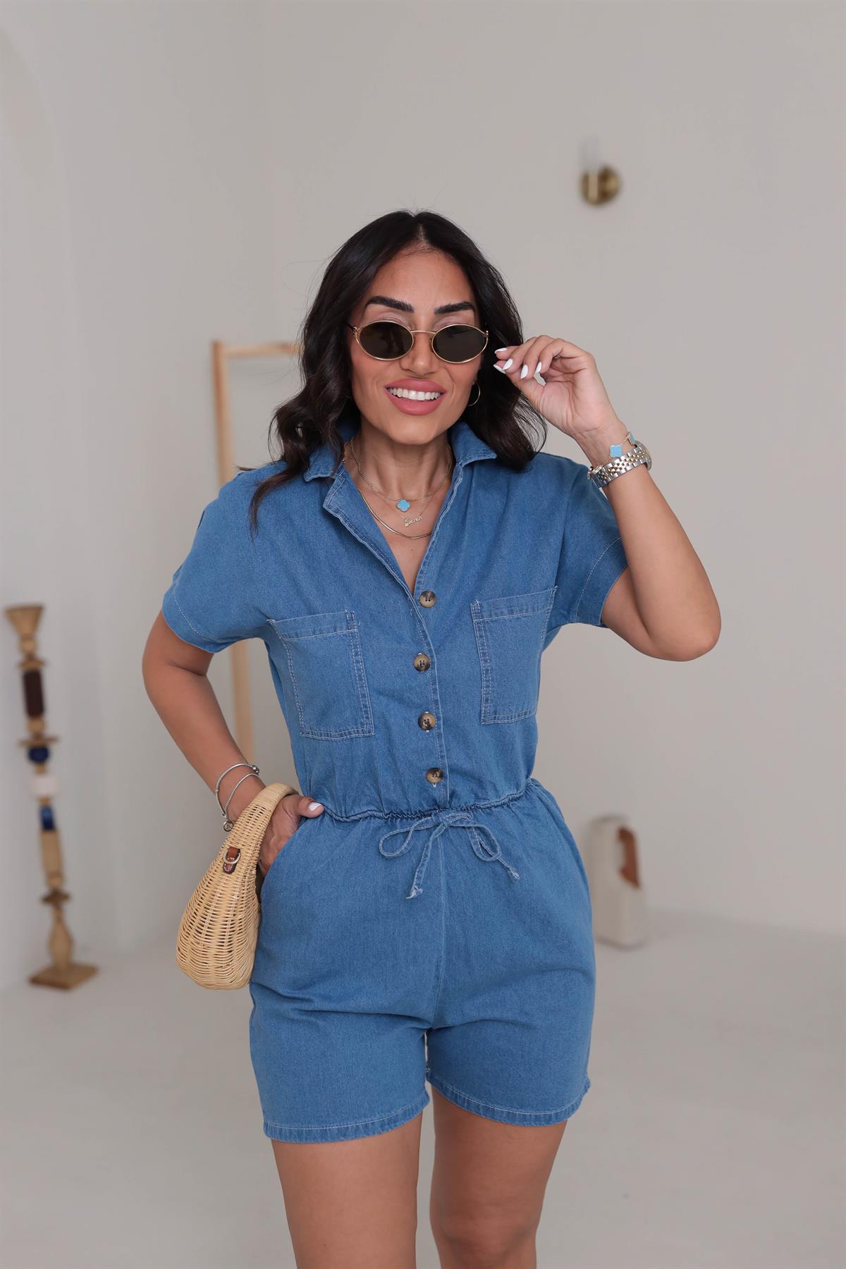 8064 Bel Lastikli Önü Düğmeli Jean Tulum MAVİ