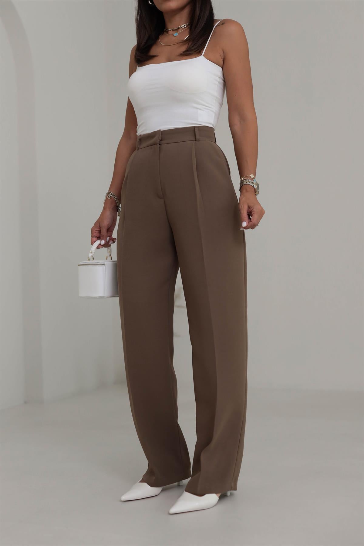 1024 Pile Detaylı Kumaş Pantolon CAMEL