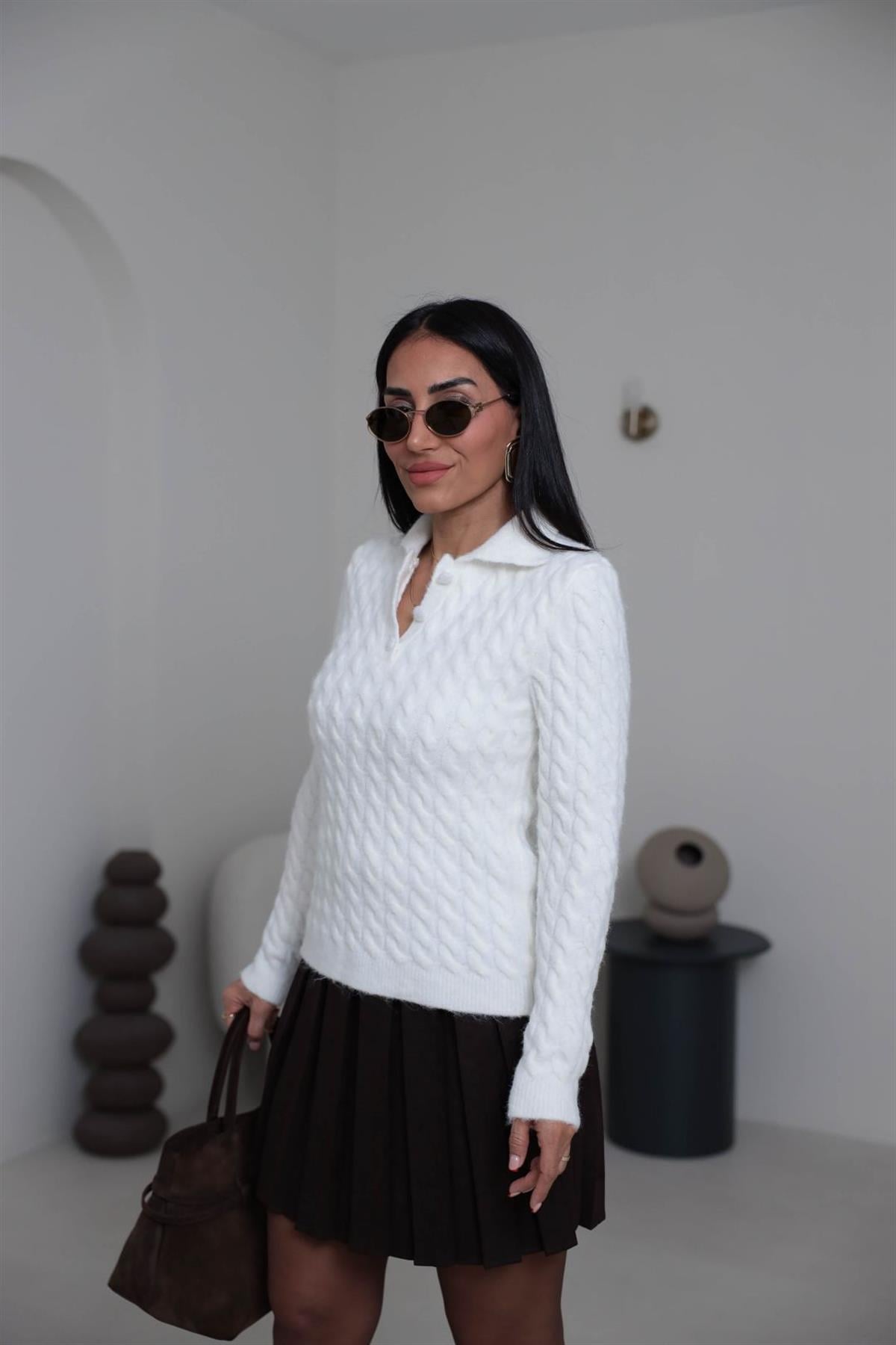 4984 Polo Yaka Örgülü Yarım Düğmeli Kazak EKRU