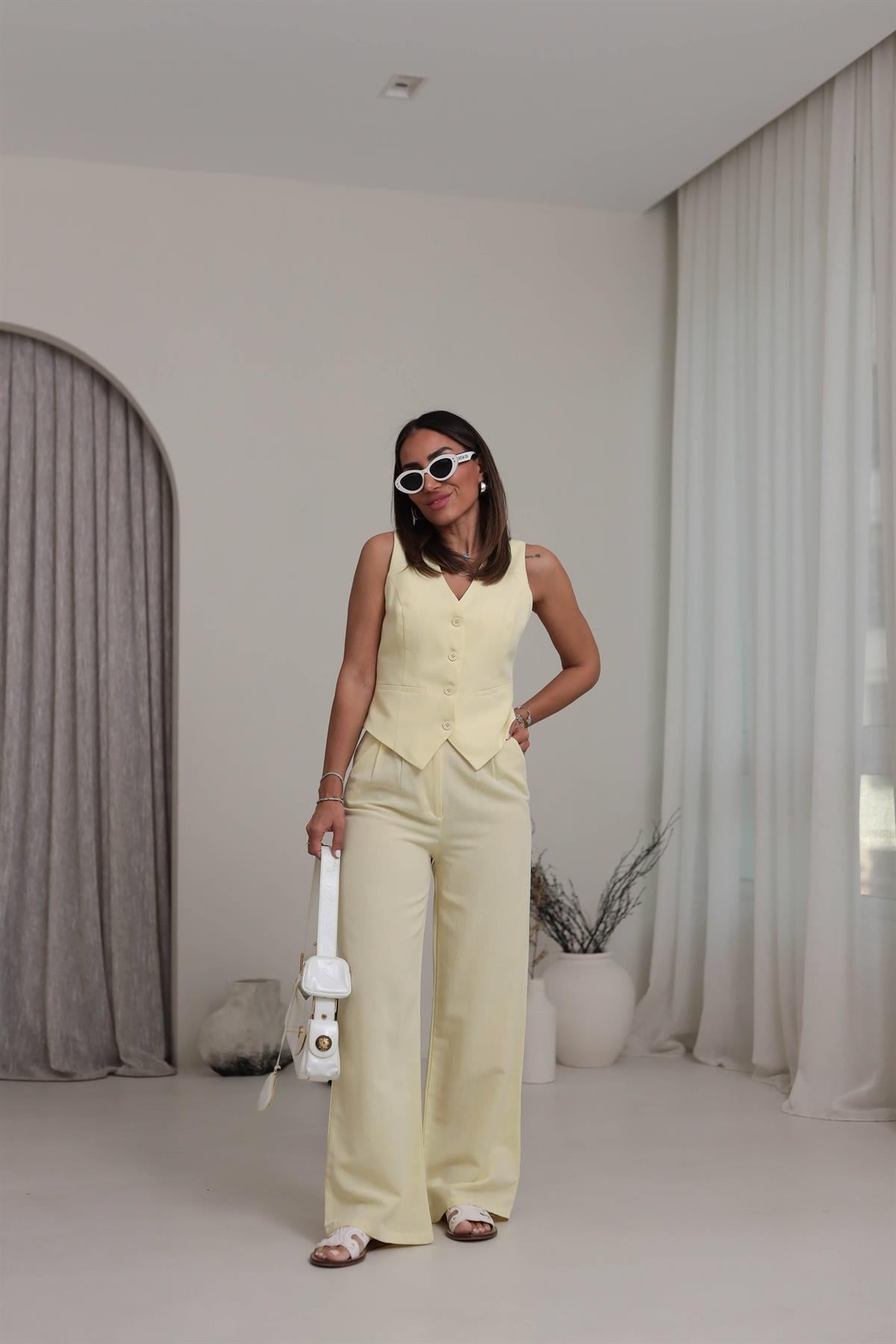 9257 Keten Yelek Pantolon Takım SARI