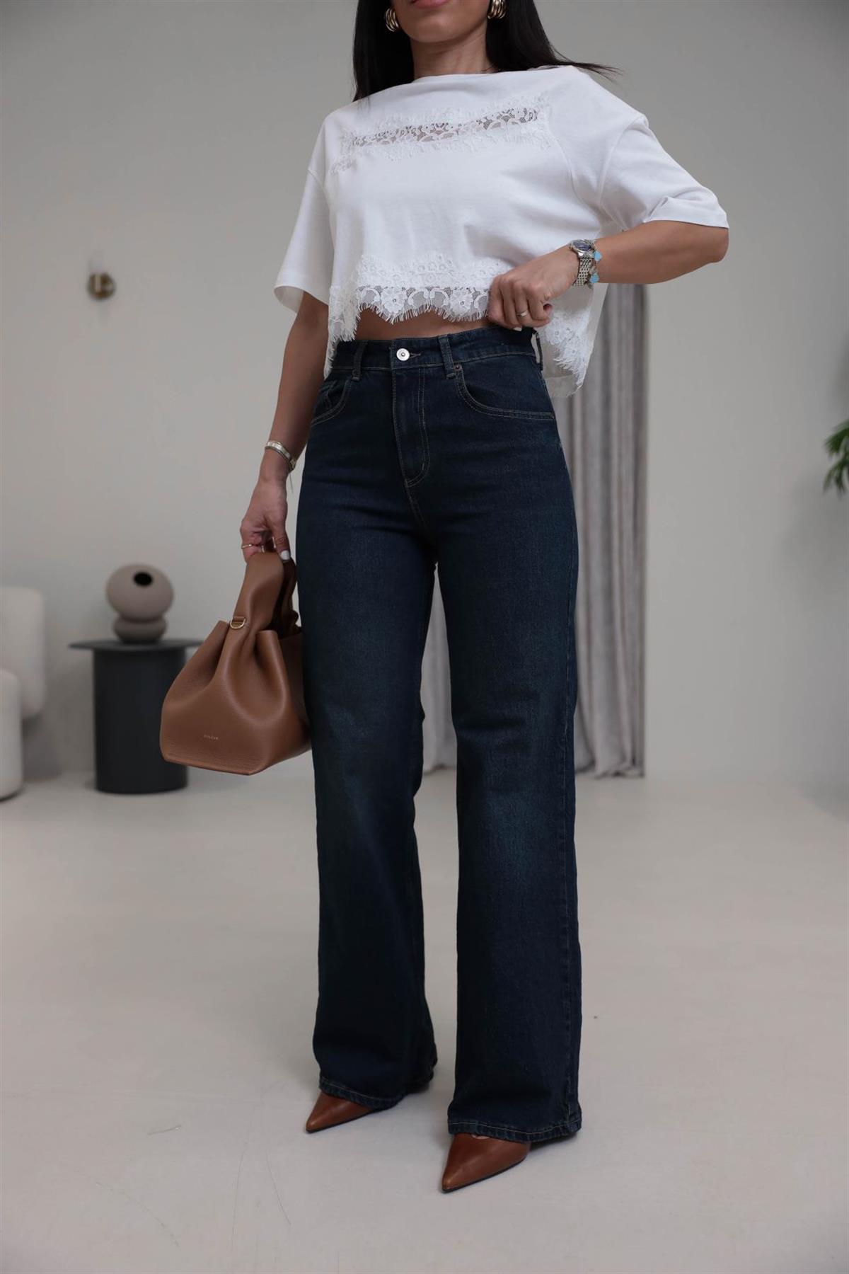 Yüksek Bel Wide Leg Jean KOYU TİNTLİ