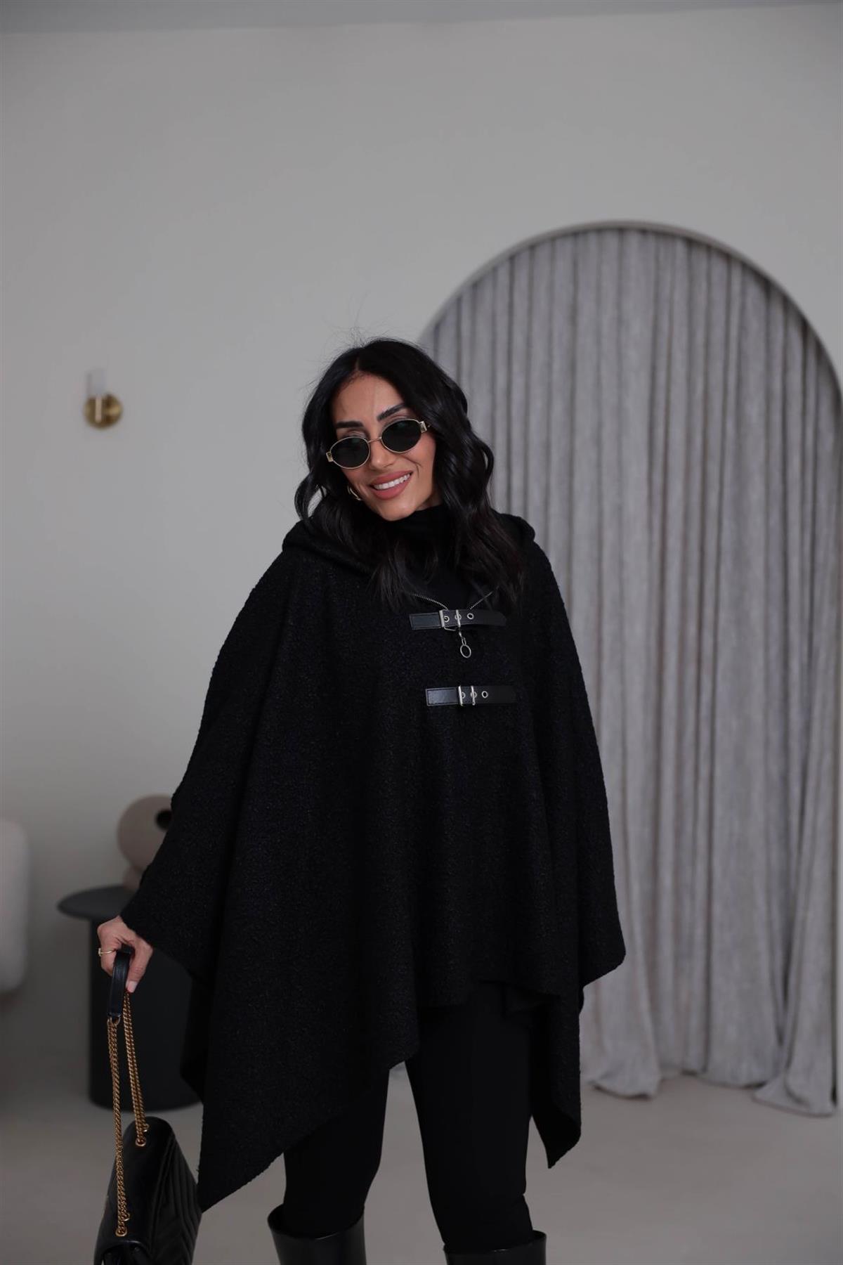 9175 Kemer Detay Kapşonlu Buklet Panço SİYAH