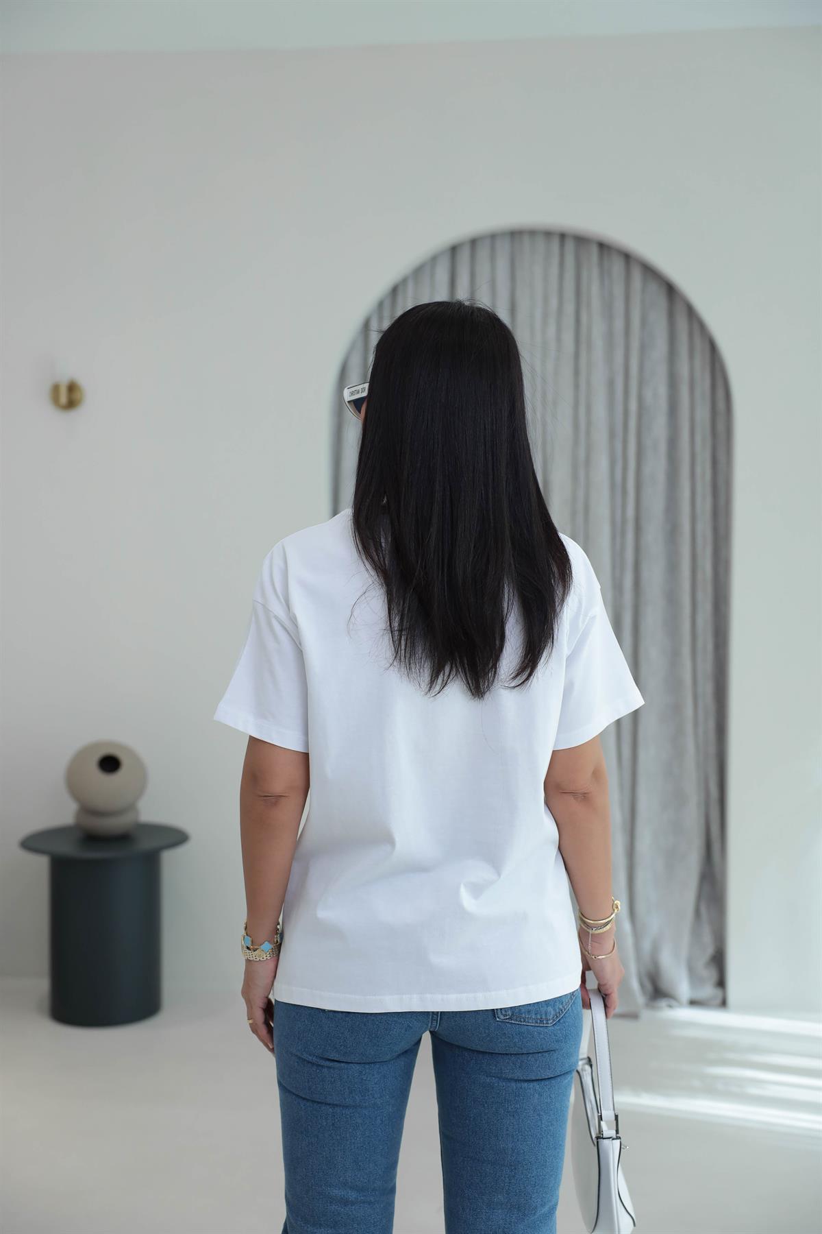 7514 Bisiklet Yaka Teddy Aplikeli Tshirt BEYAZ