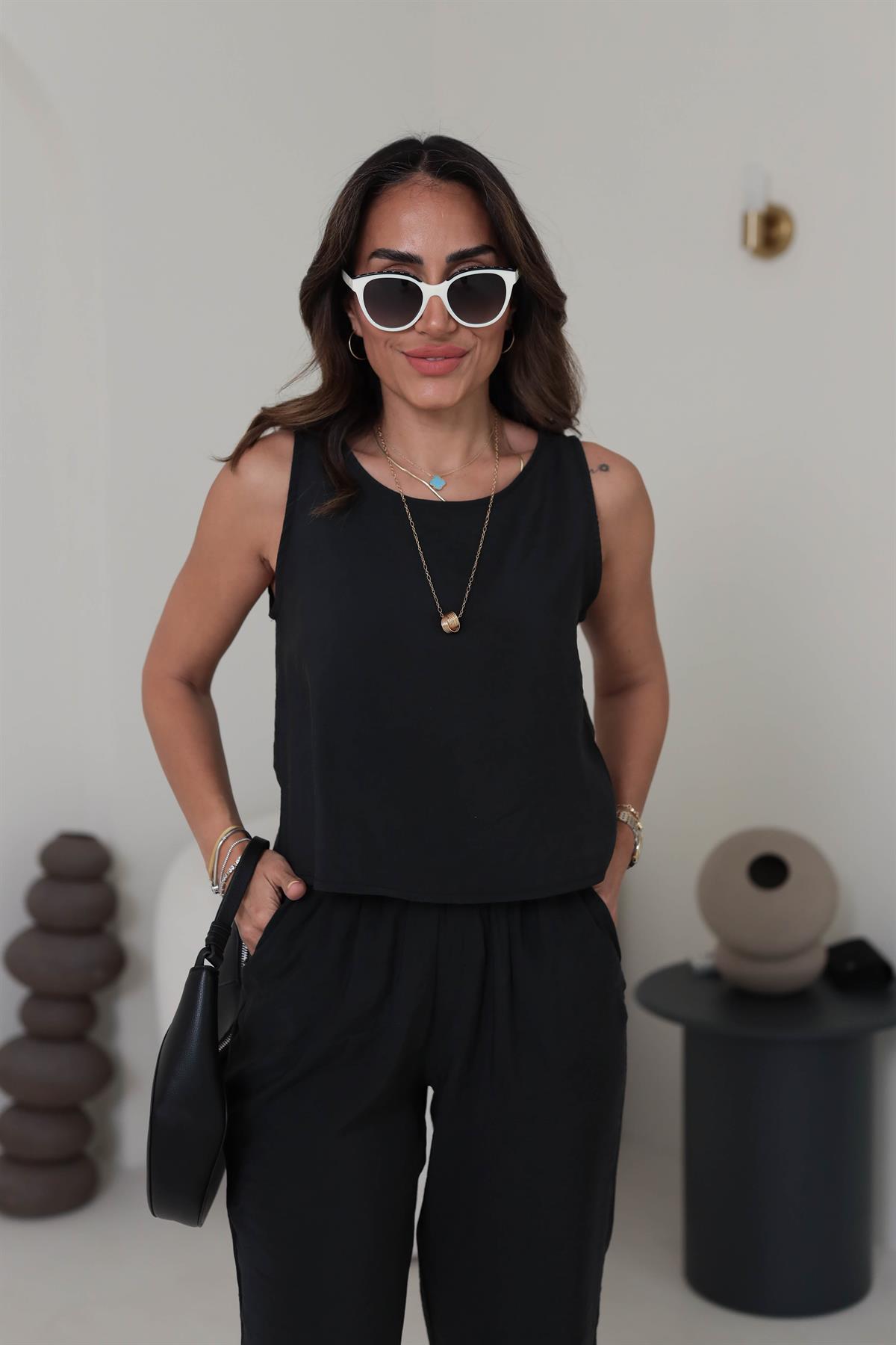 3089 Tencel Kumaş Kolsuz Takım SİYAH