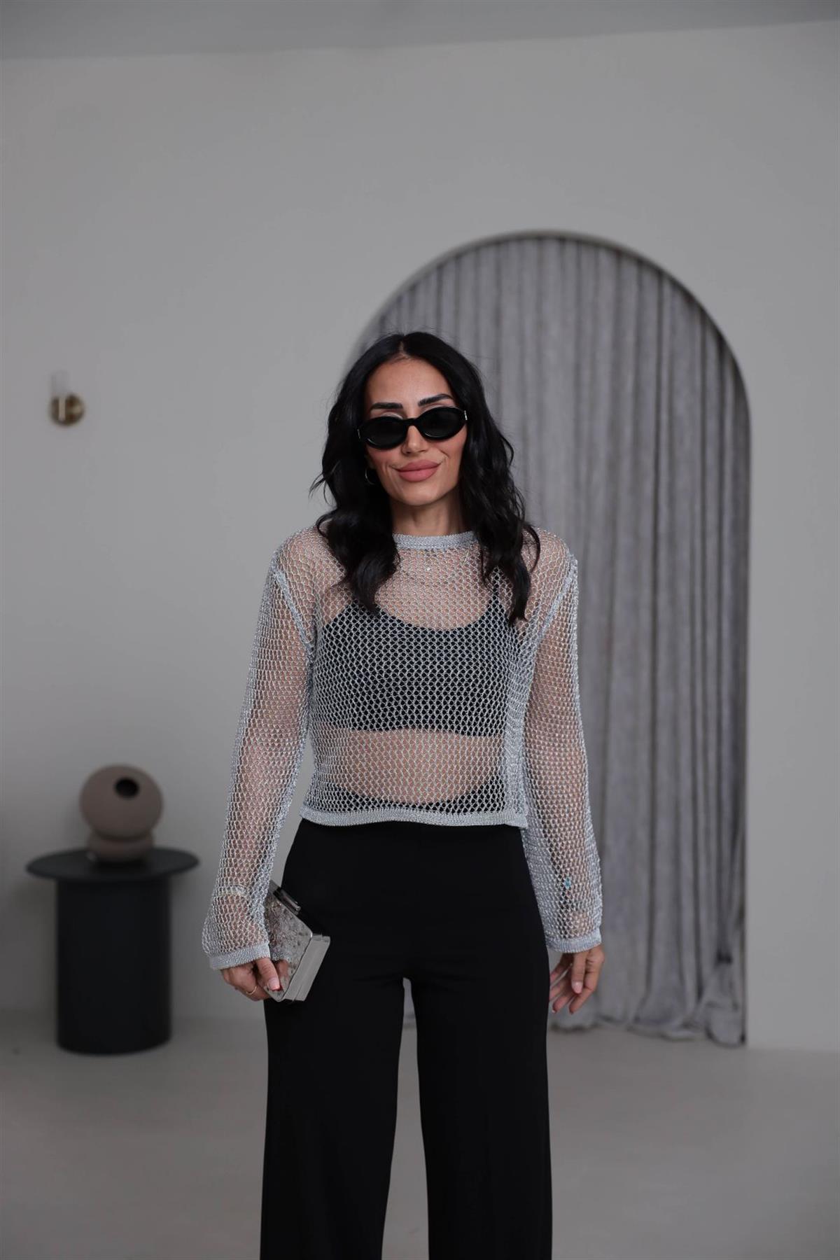 4404 Parlak Simli Ajurlu Kısa Triko GÜMÜŞ