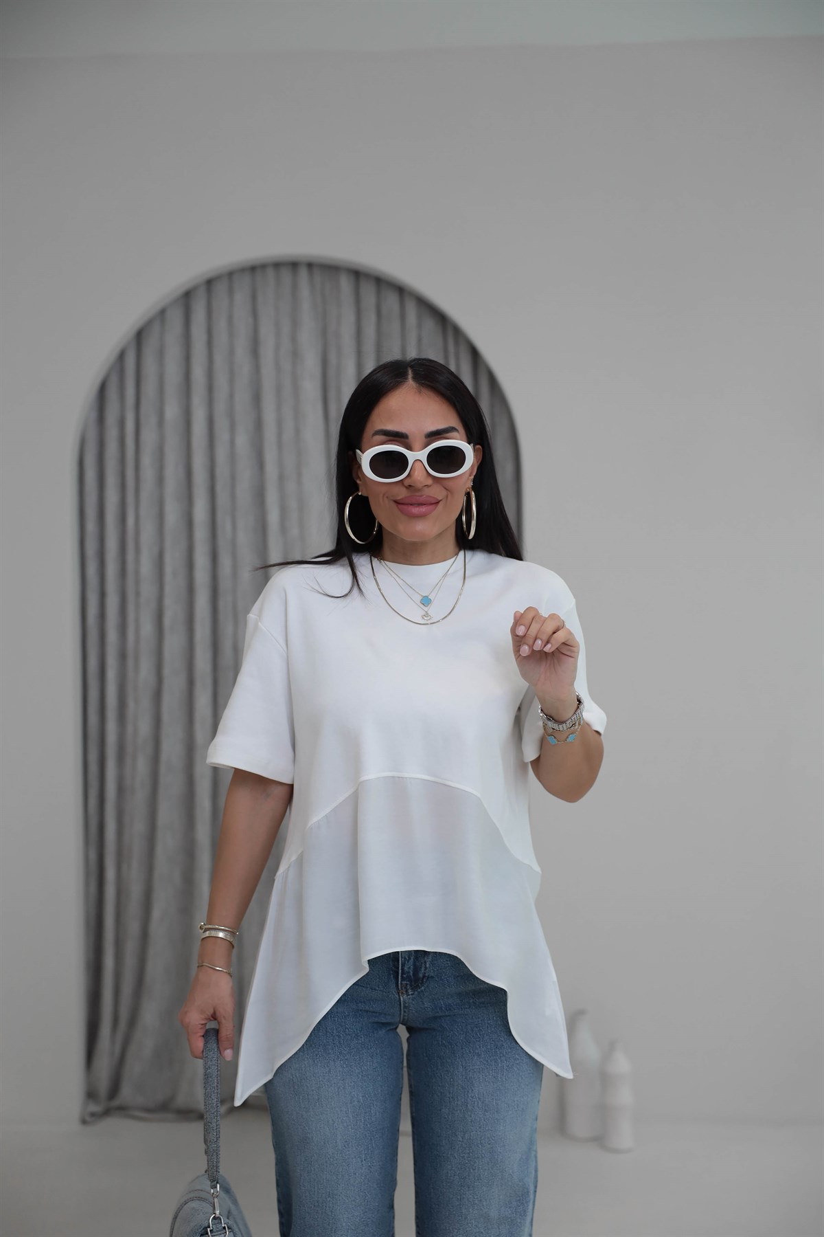 8204 Bisiklet Yaka Tencel Garnili Dökümlü Tshirt EKRU