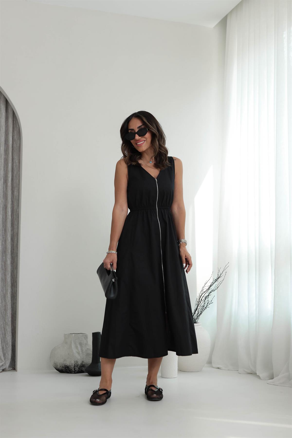 4864 Bel Lastikli Fermuarlı Poplin Elbise SİYAH