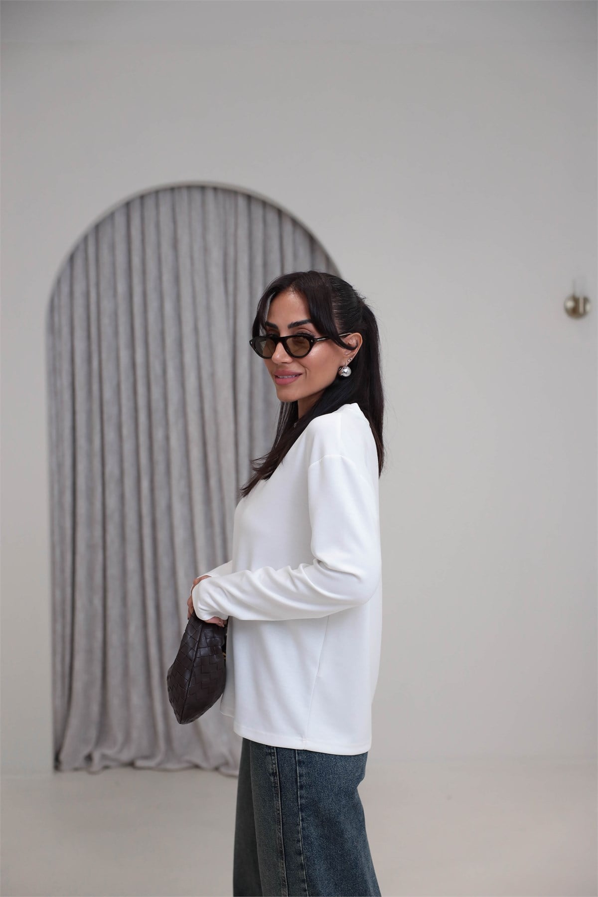 1448 Bisiklet Yaka uzun Kollu Oversize Tshirt BEYAZ
