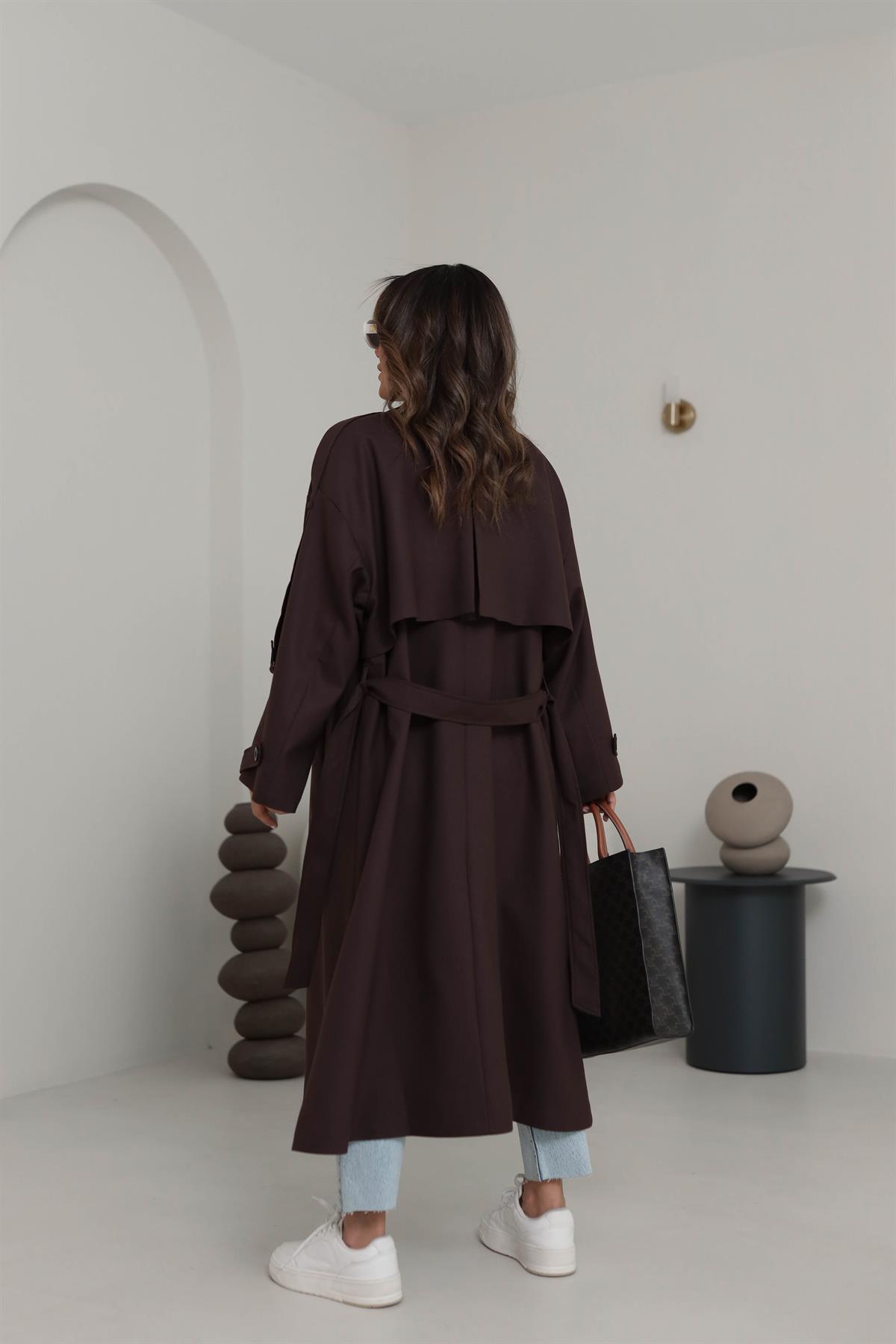 9476 Kol ve Omuz Apoletli Premium Trench ACI KAHVE