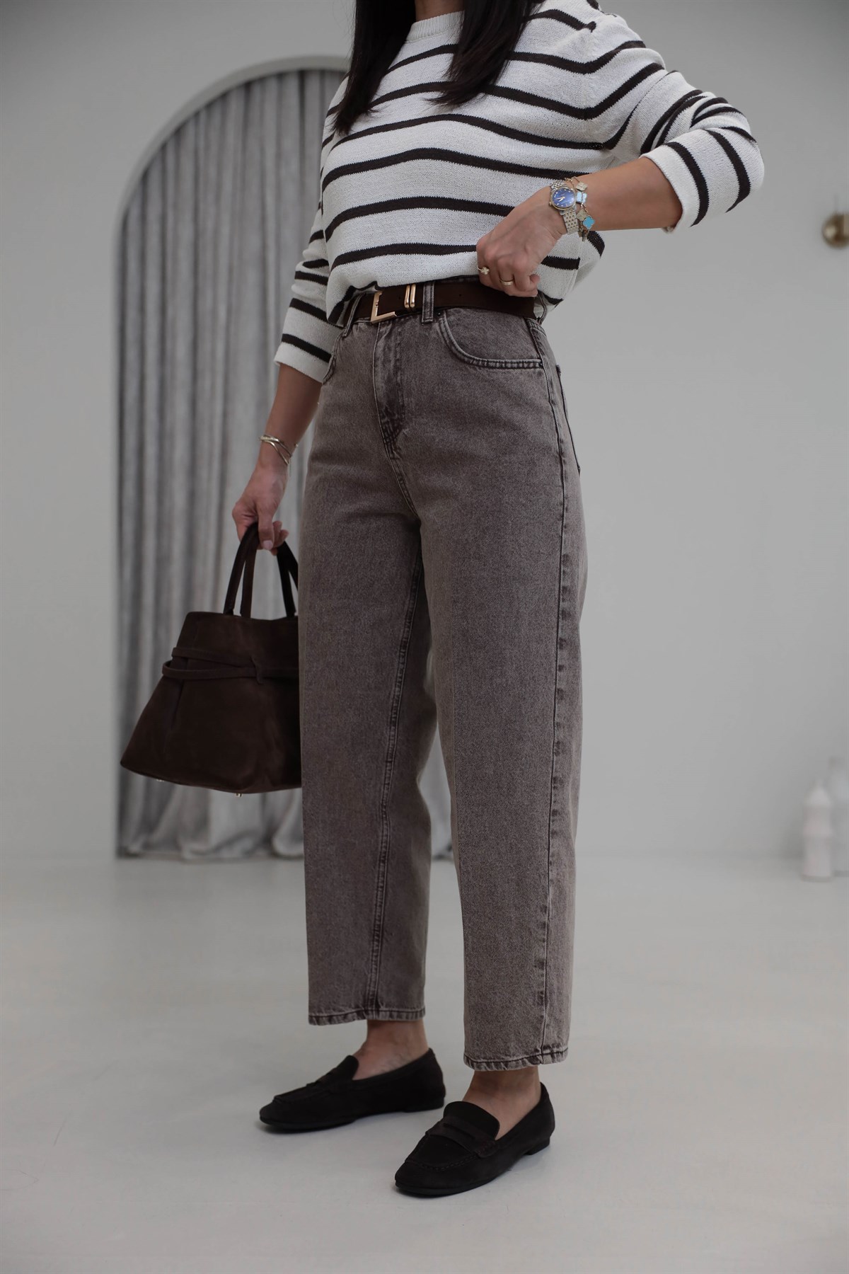 3010 Süet Kemerli Mom Jean YIKAMALI KAHVE